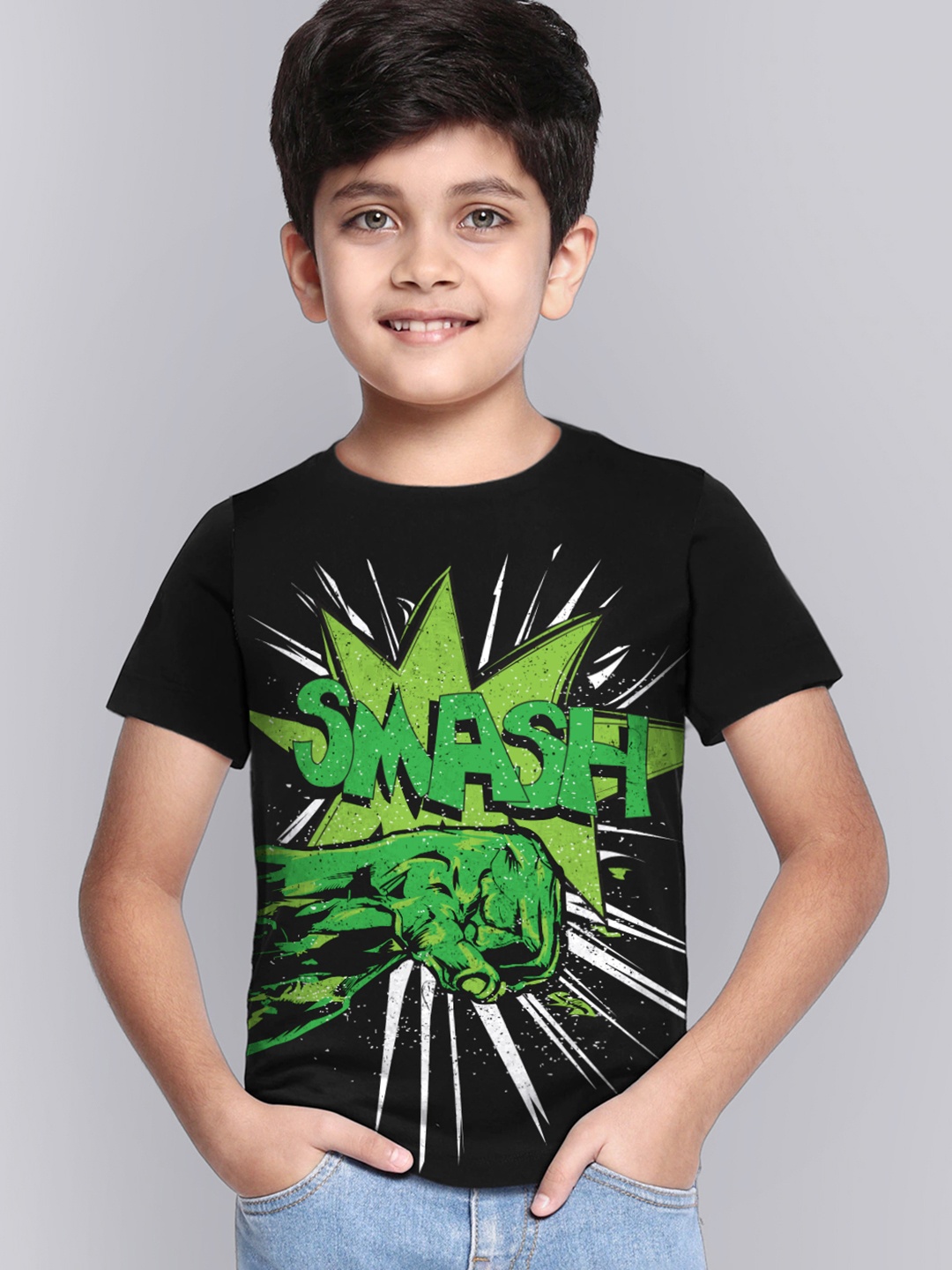 Kids Ville Boys Black Hulk Printed Boys Round Neck Black Tshirt