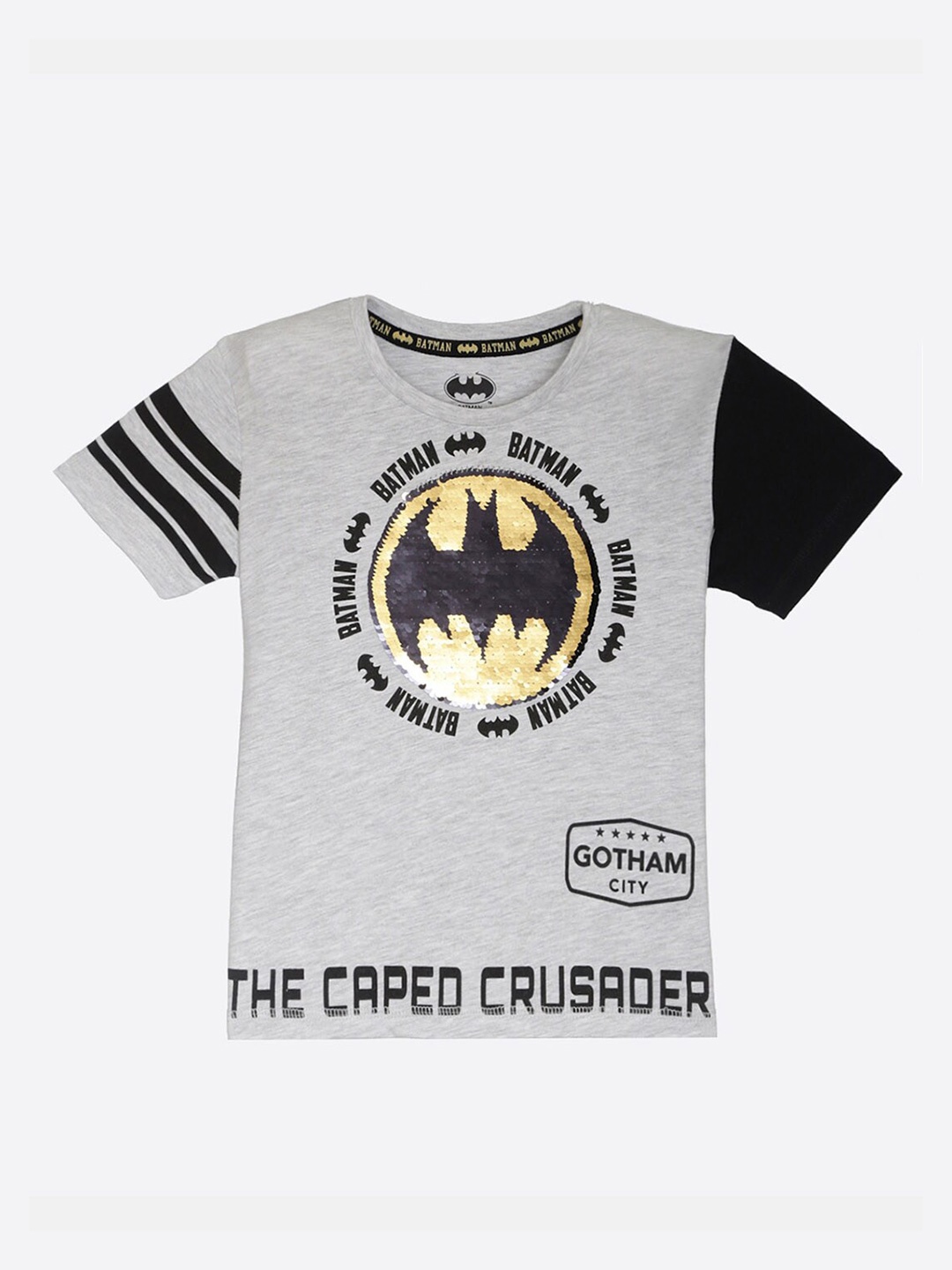 Kids Ville Boys Grey Batman Printed Round Neck Sequin Tshirt