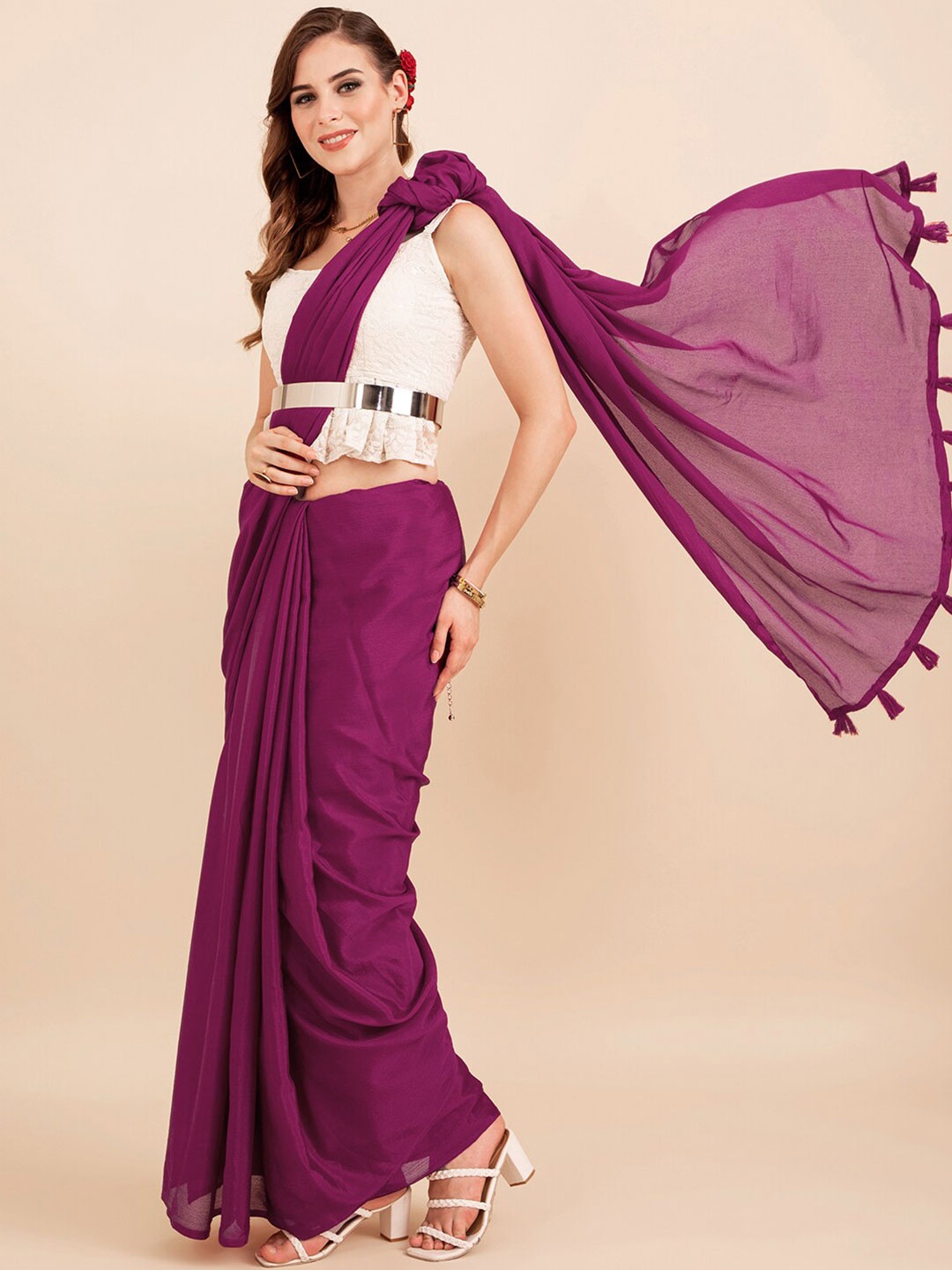 Sangria Burgundy Poly Chiffon Solid Work Saree