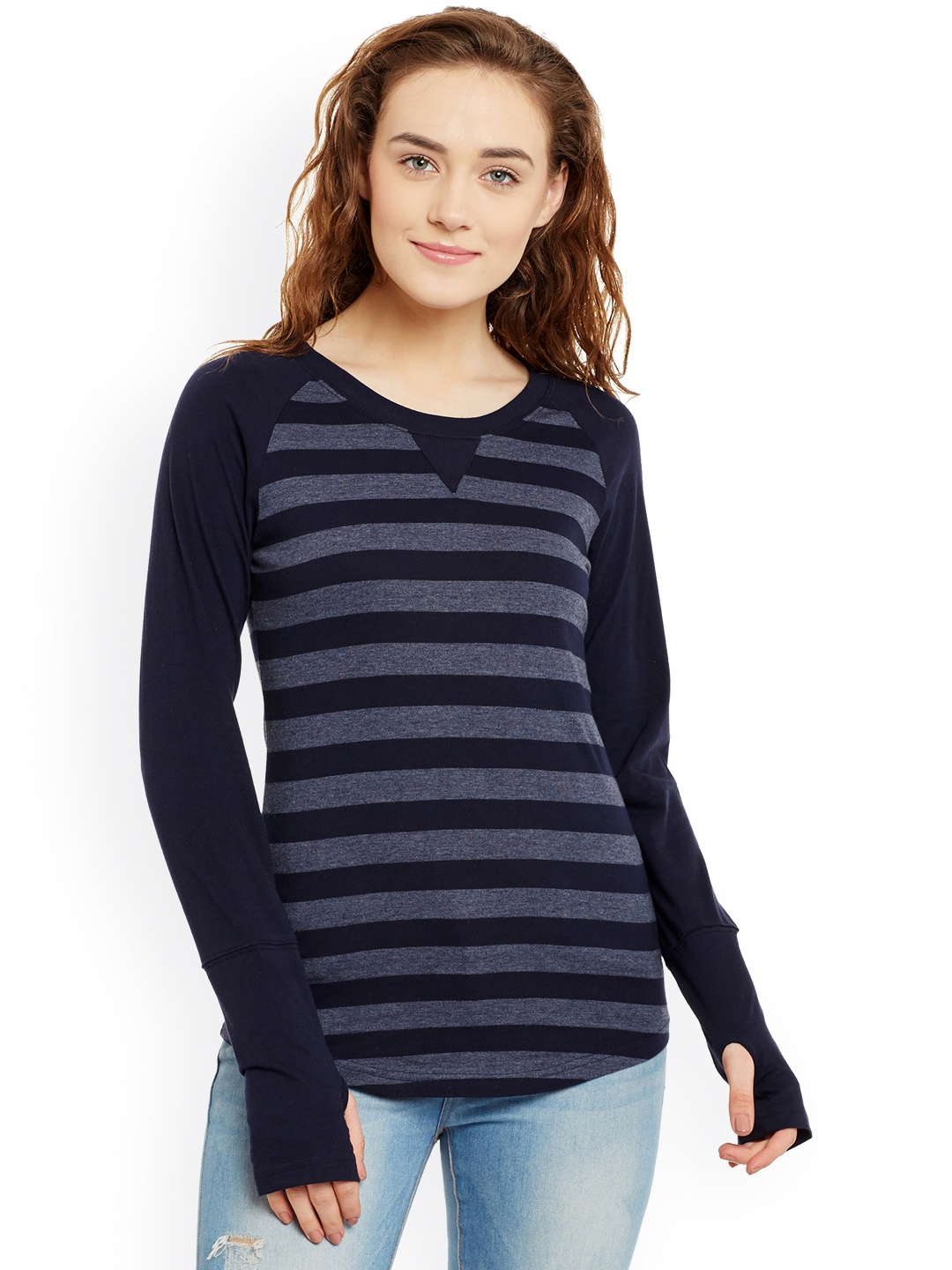 Hypernation Women Blue & Grey Striped Round Neck T-shirt