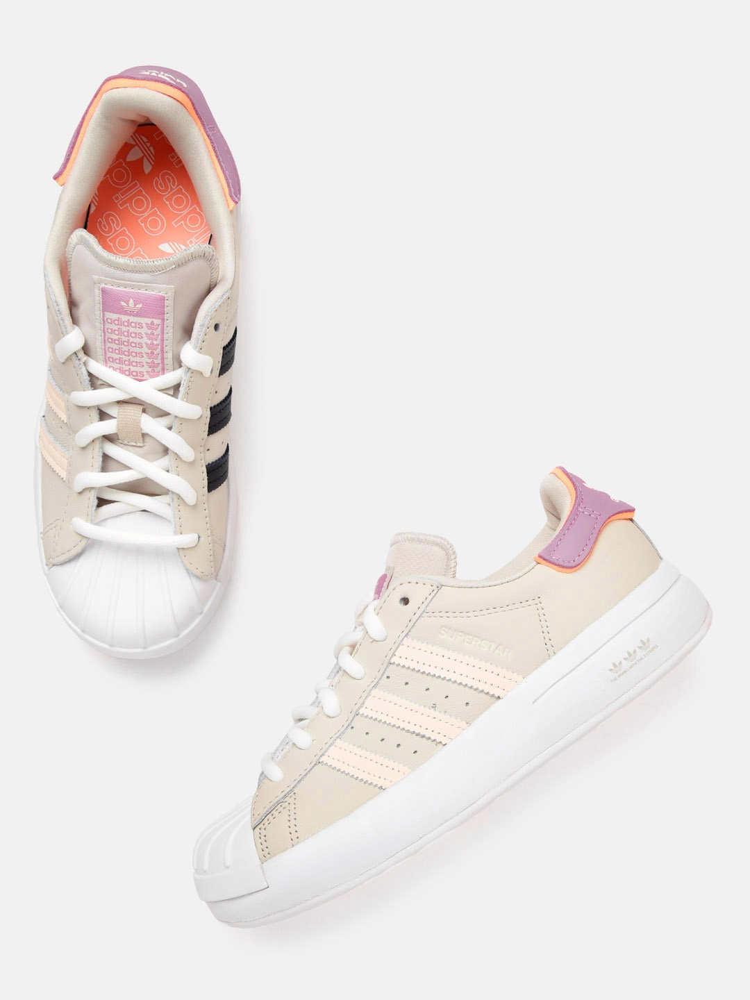 ADIDAS Originals Women Beige & Peach-Coloured Striped Superstar Soft Leather Sneakers
ADIDAS Originals Women Beige & Peach-Coloured Striped Superstar Soft Leather Sneakers