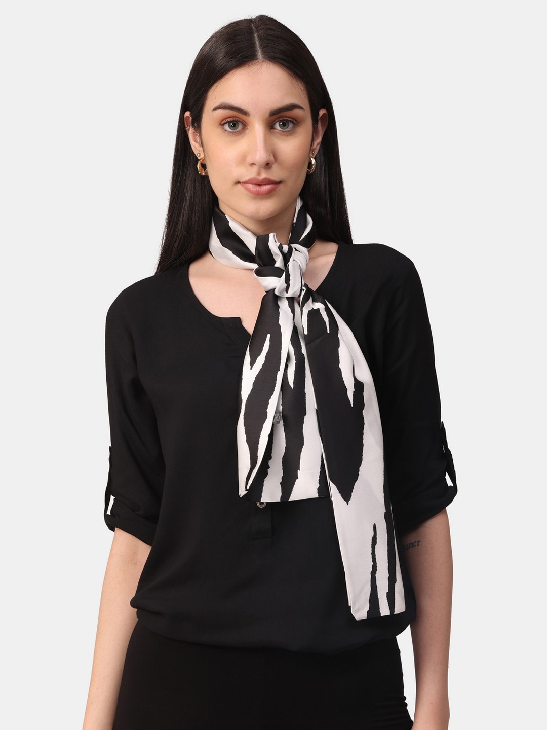 NOTEQUAL Women Black & White Printed Silk Scarf