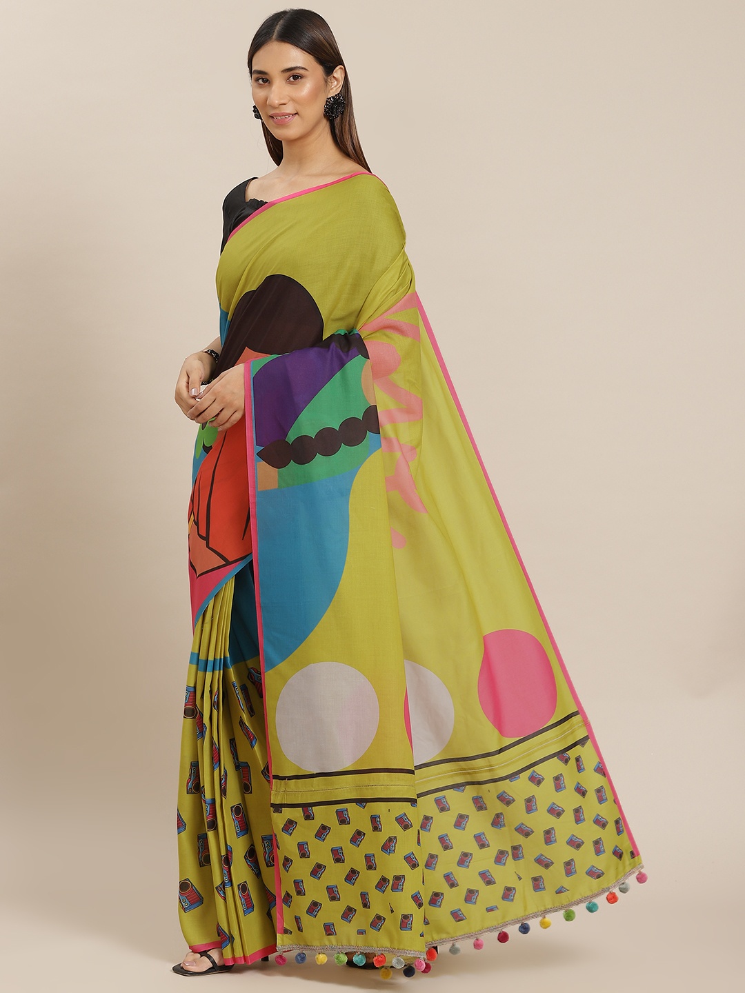 YELLOW PARROT Green Printed Saree