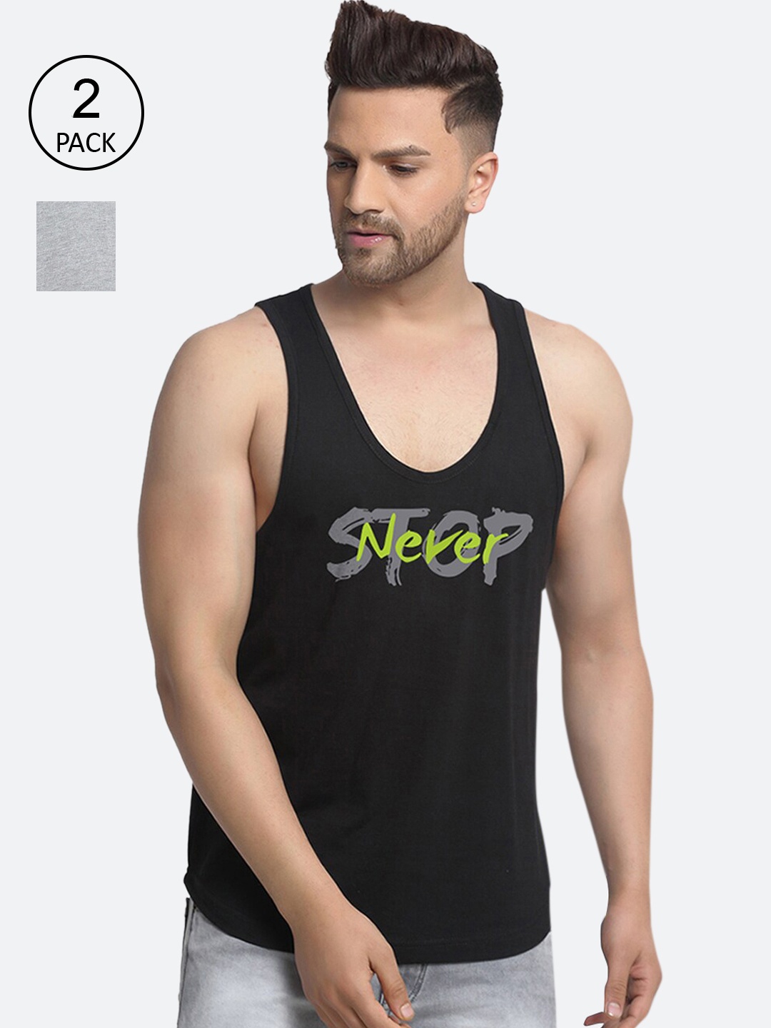Friskers Men Pack Of 2 Black & Grey Stop never Adventure Printed Cotton Innerwear Vests
Friskers Men Pack Of 2 Black & Grey Stop never Adventure Printed Cotton Innerwear Vests