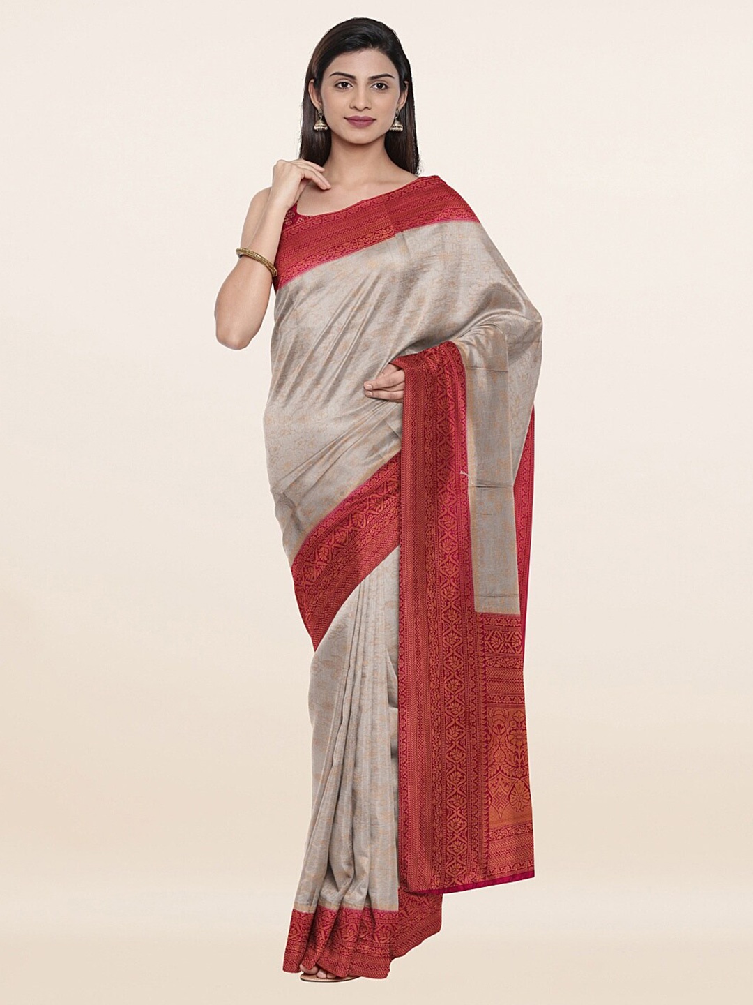 Pothys Grey & Red Woven Design Art Silk Saree