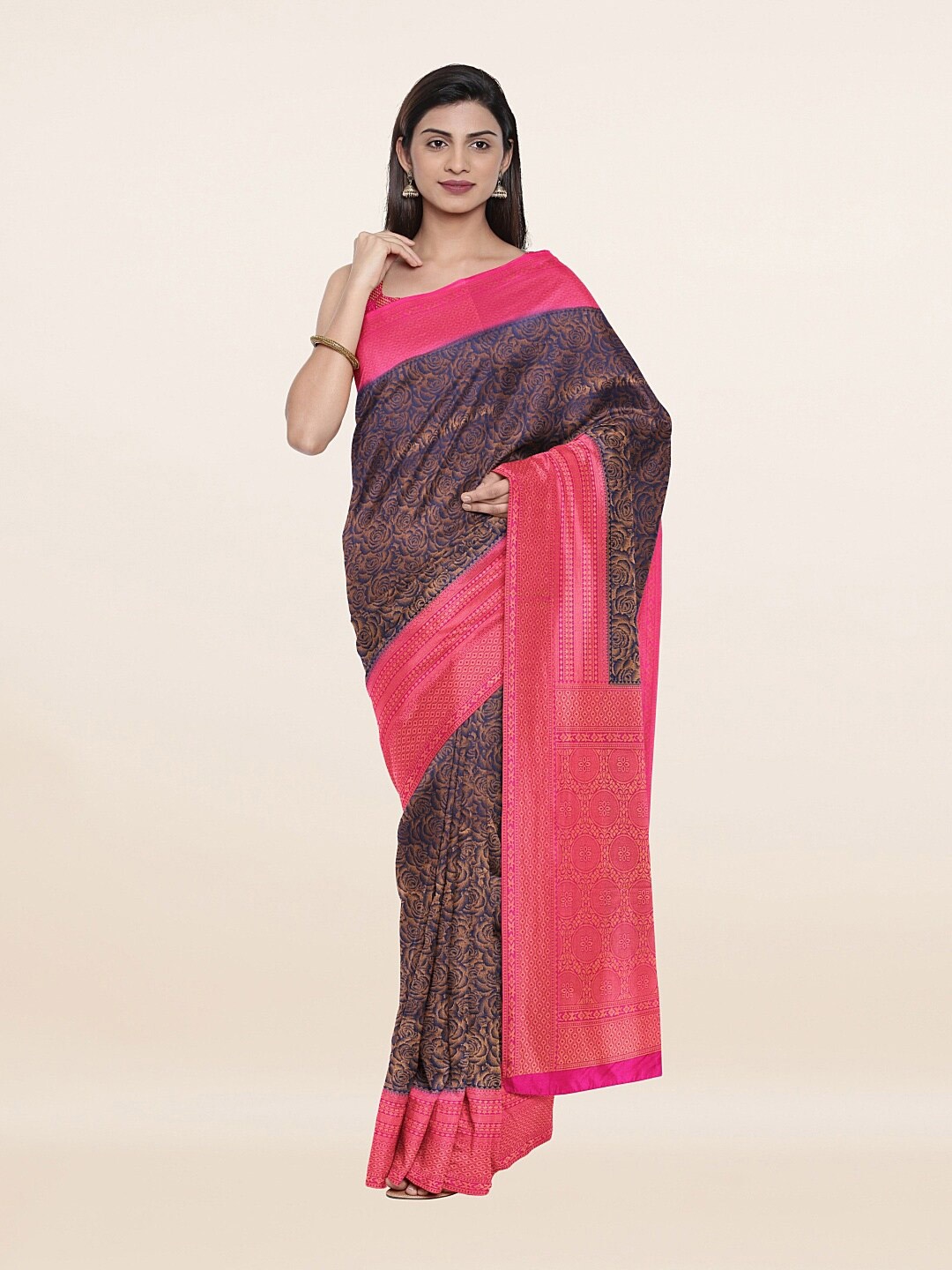 Pothys Blue & Pink Floral Art Silk Saree