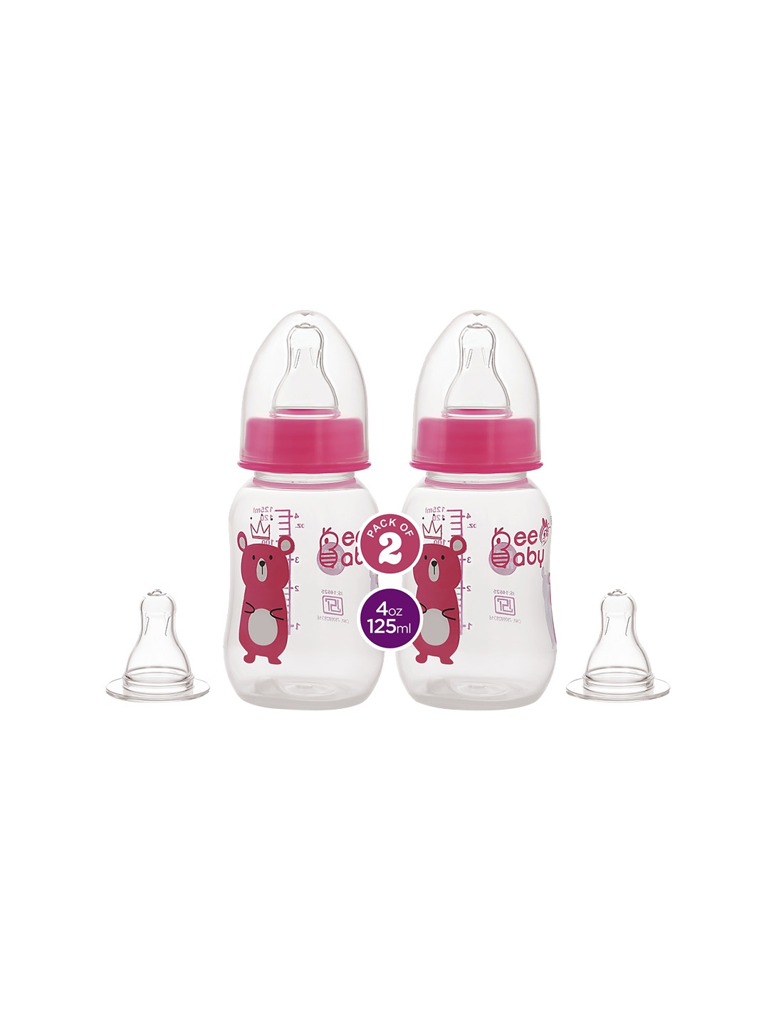 Beebaby Kids Set Of 2 Pink Printed BPA Free Feeding Bottles With 4 Nipples - 250 ml
Beebaby Kids Set Of 2 Pink Printed BPA Free Feeding Bottles With 4 Nipples - 250 ml