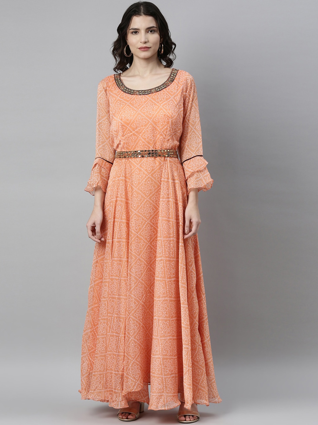 Neerus Women Peach-Coloured Bandhani Printed Flared Sleeves Mirror Work Anarkali Kurta
Neerus Women Peach-Coloured Bandhani Printed Flared Sleeves Mirror Work Anarkali Kurta
