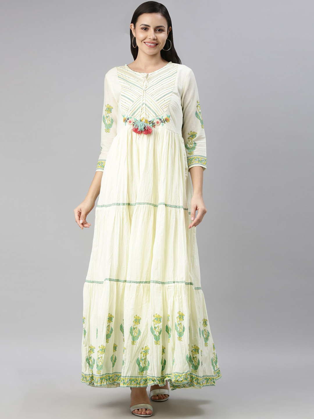 Neerus Women Lime Green & Cream-Coloured Floral Embroidered Thread Work Anarkali Kurta
Neerus Women Lime Green & Cream-Coloured Floral Embroidered Thread Work Anarkali Kurta