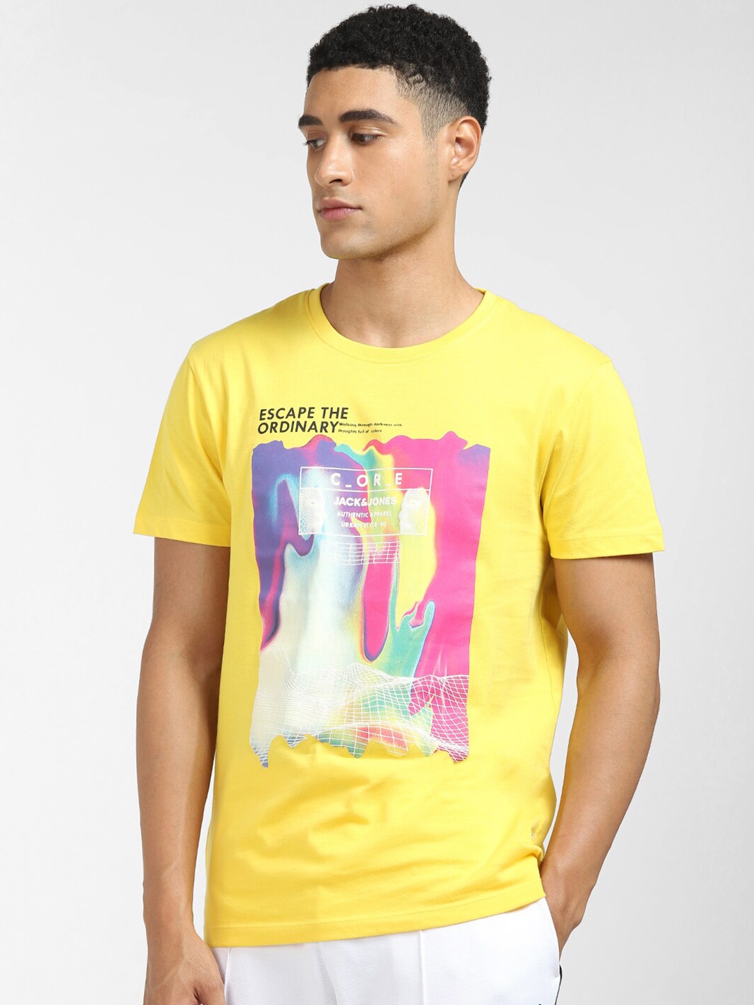 Jack & Jones Men Yellow Printed Cotton T-shirt