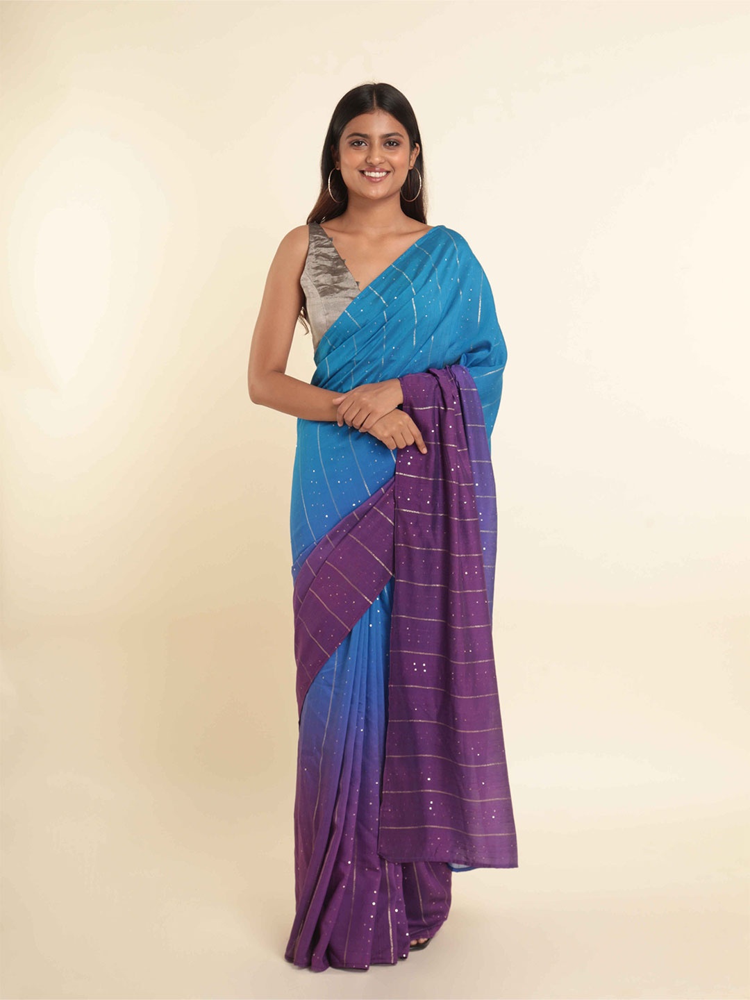 Suta Blue & Purple Striped Embellished Saree