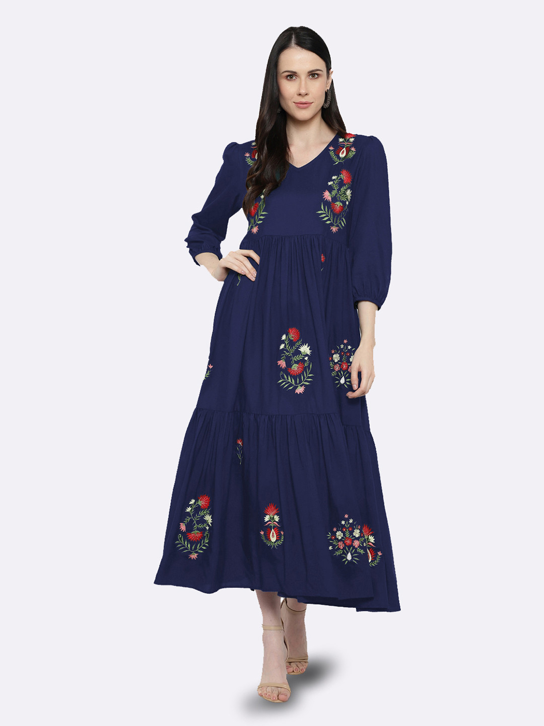 shashvi Navy Blue & Red Botanical Thread Work Thread Work Tiered Anarkali Kurta 
shashvi Navy Blue & Red Botanical Thread Work Thread Work Tiered Anarkali Kurta
