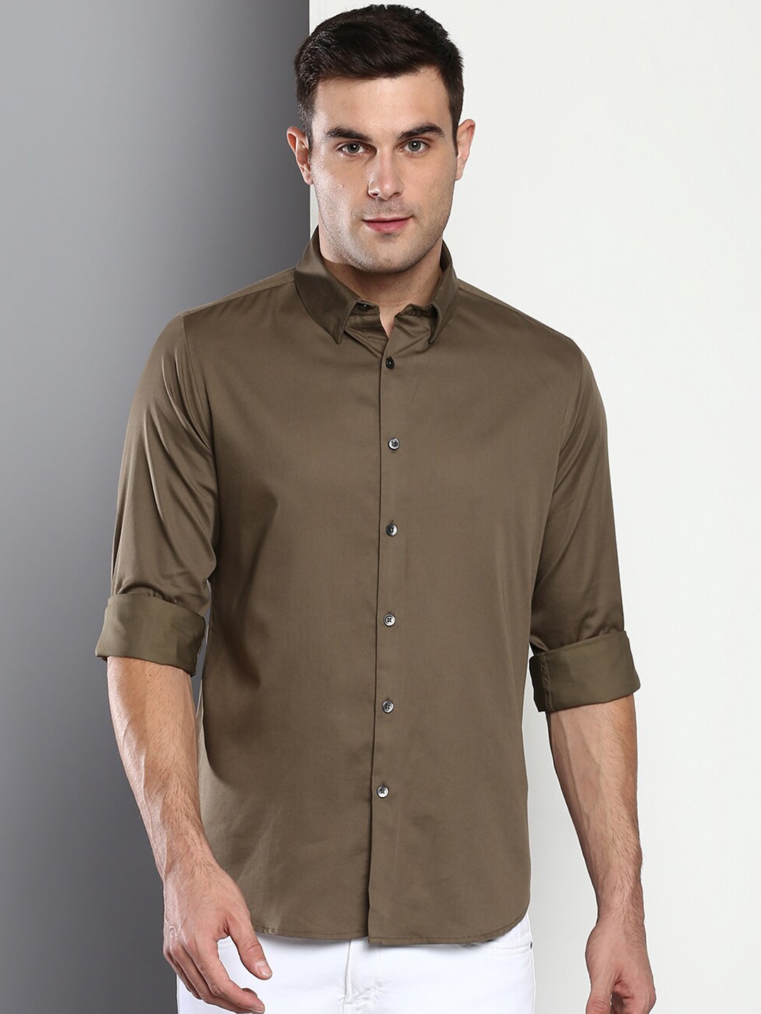 Dennis Lingo Men Olive Green Slim Fit Casual Shirt
