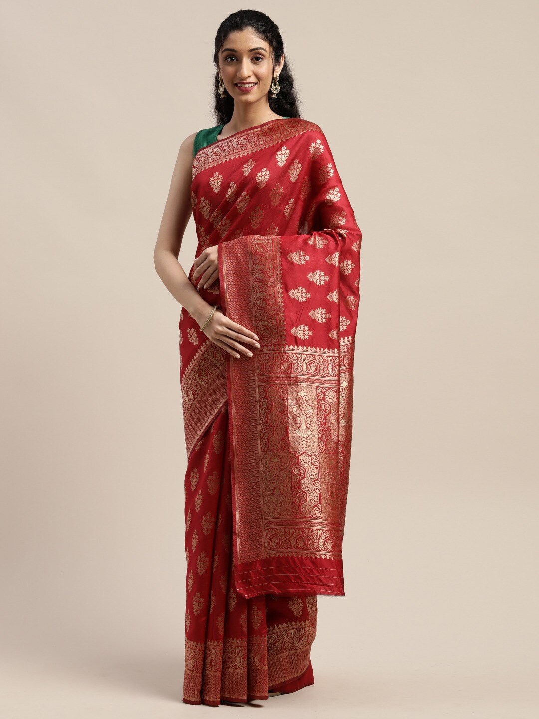 Shaily Red & Golden Ethnic Motifs Zari Silk Blend Saree