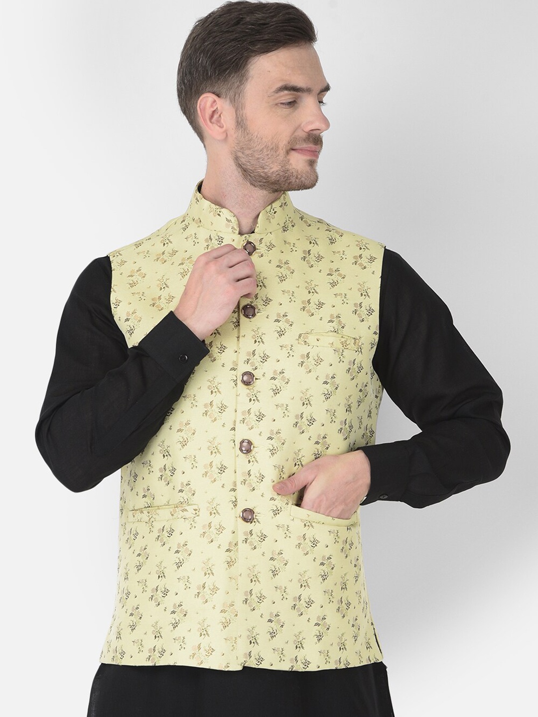 SG LEMAN Men Green Printed Nehru Jacket
