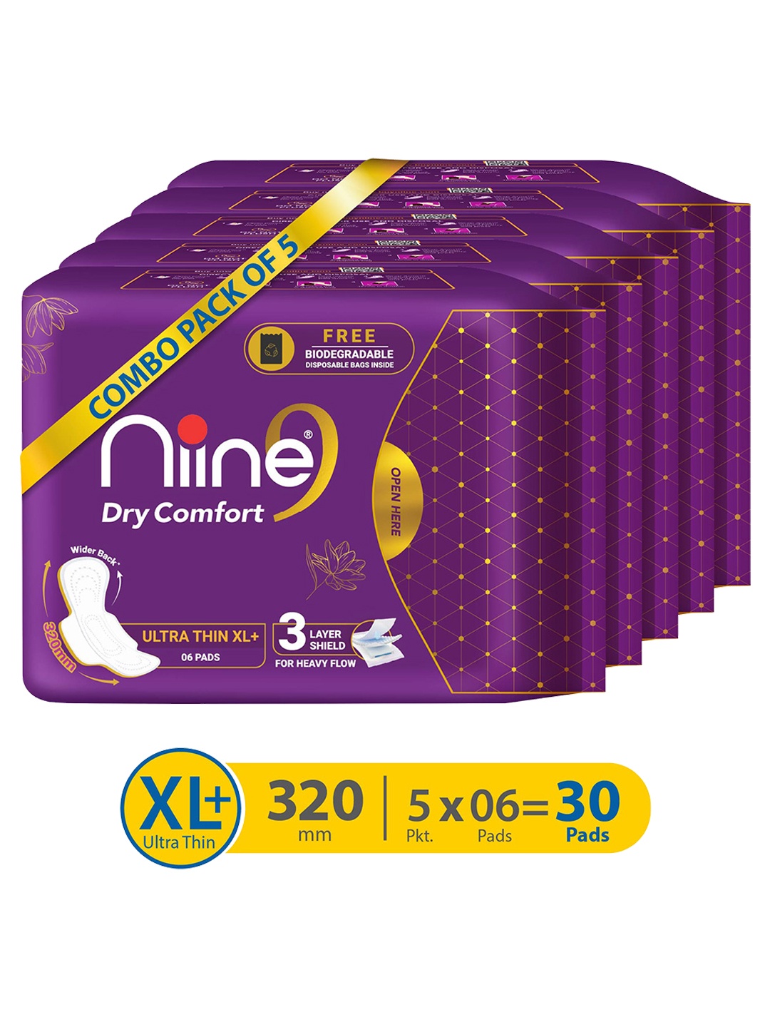 Niine Set of 5 Dry Comfort Ultra Thin XL Sanitary Pads for Heavy Flow - 6 Pads Per Pack, Purple
Niine Set of 5 Dry Comfort Ultra Thin XL Sanitary Pads for Heavy Flow - 6 Pads Per Pack, Purple