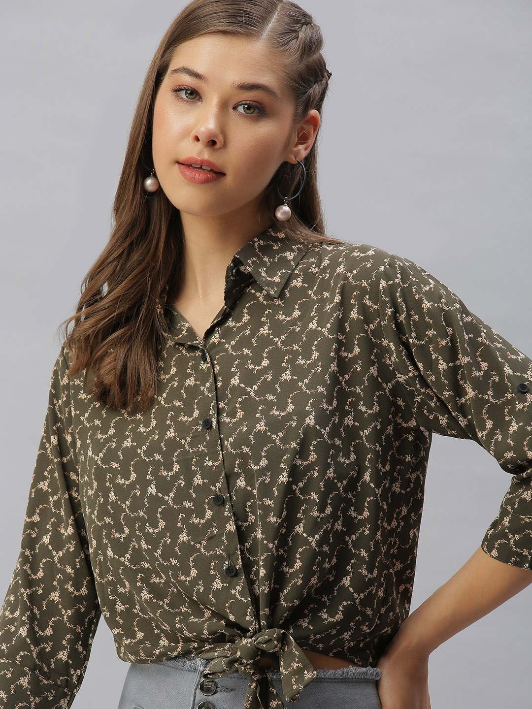 SHOWOFF Women Olive Green Floral Print Georgette Shirt Style Top