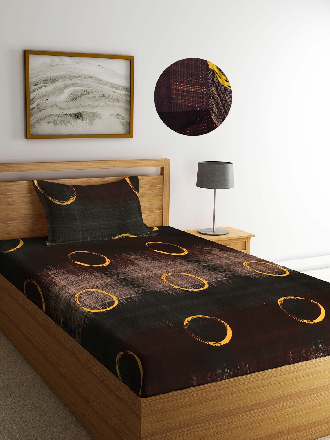 Arrabi Brown Geometric 300 TC Single Bedsheet with 1 Pillow Covers
