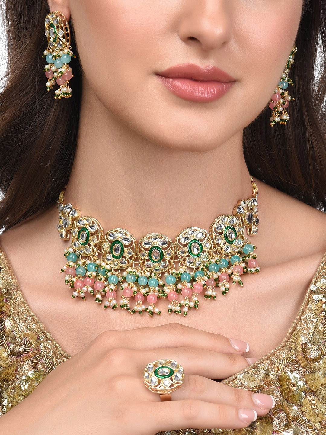 Zaveri Pearls Gold-Plated Pink & Green Beads Cluster Drops Kundan Choker Necklace Earring & Ring Set
Zaveri Pearls Gold-Plated Pink & Green Beads Cluster Drops Kundan Choker Necklace Earring & Ring Set