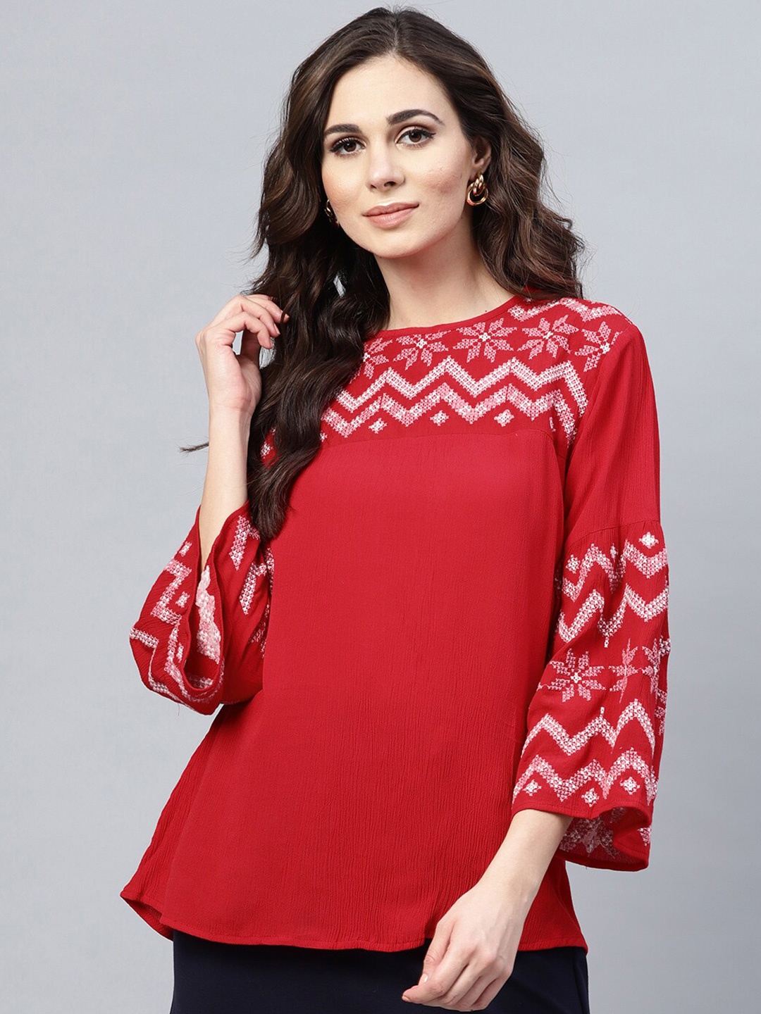 Bhama Couture Women Red Geometric Embroidered Pure Cotton Top