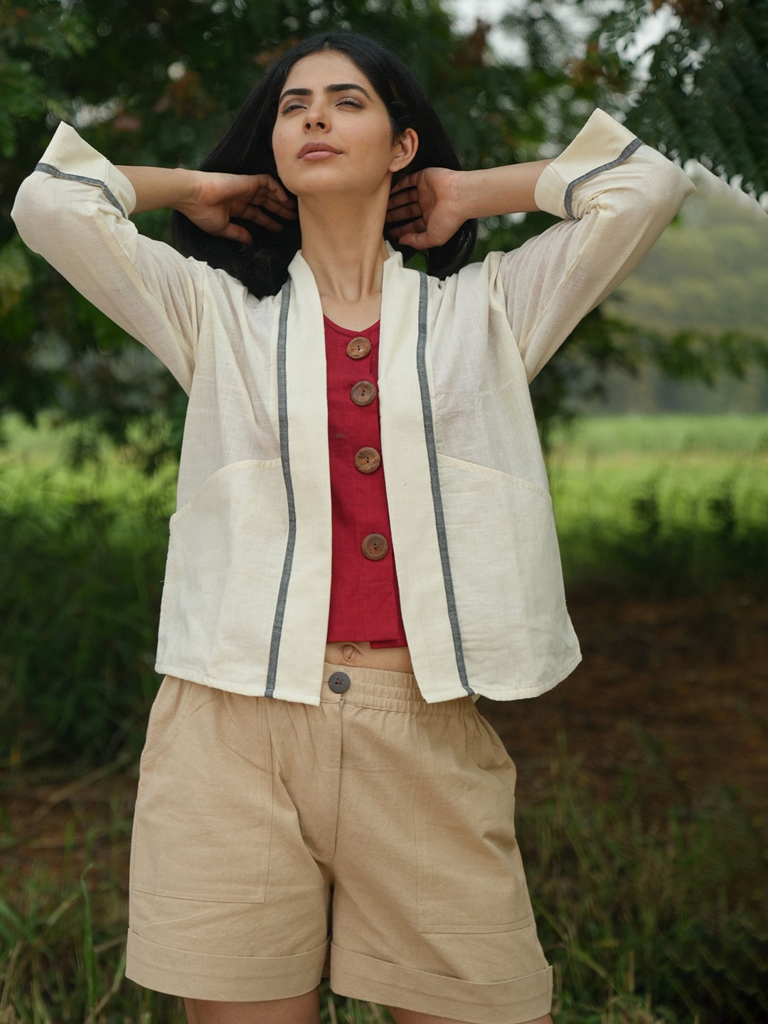 the kaatn trail Women Cream-Coloured Colourblocked Organic Cotton Longline Denim Jacket with Embroidered
the kaatn trail Women Cream-Coloured Colourblocked Organic Cotton Longline Denim Jacket with Embroidered