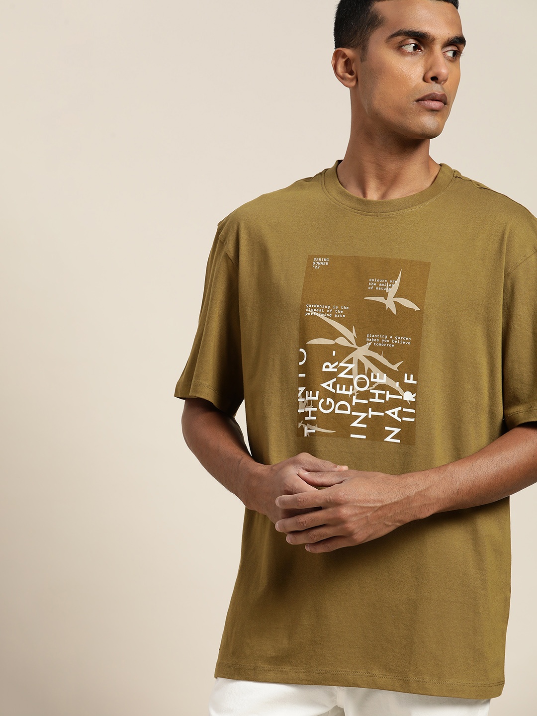 ether Men Olive Green Typography Pure Cotton T-shirt
