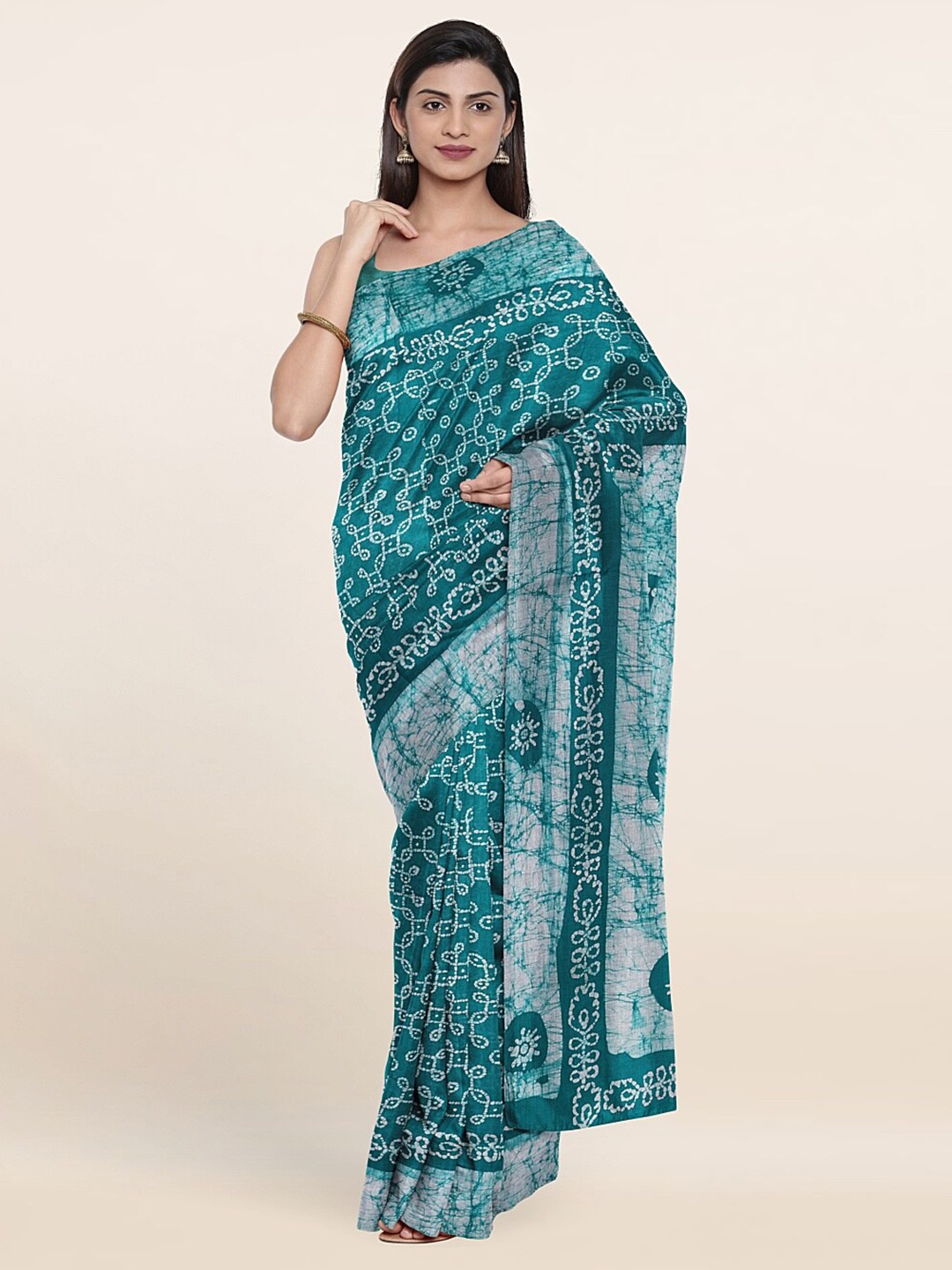 Pothys Sea Green & White Printed Pure Cotton Saree