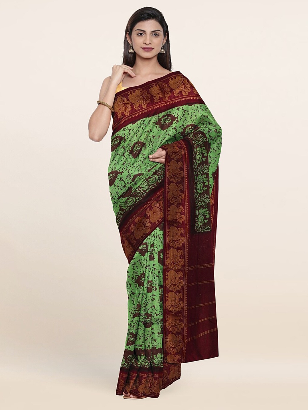 Pothys Green & Brown Zari Pure Cotton Saree