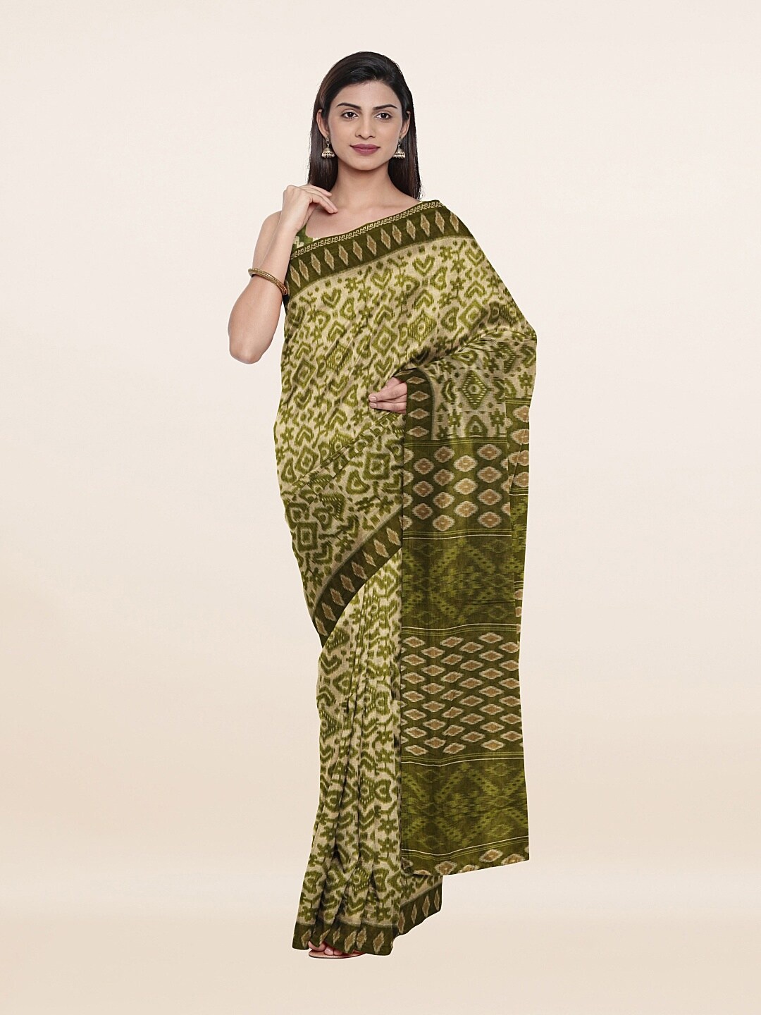 Pothys Tan & Green Geometric Pure Cotton Saree