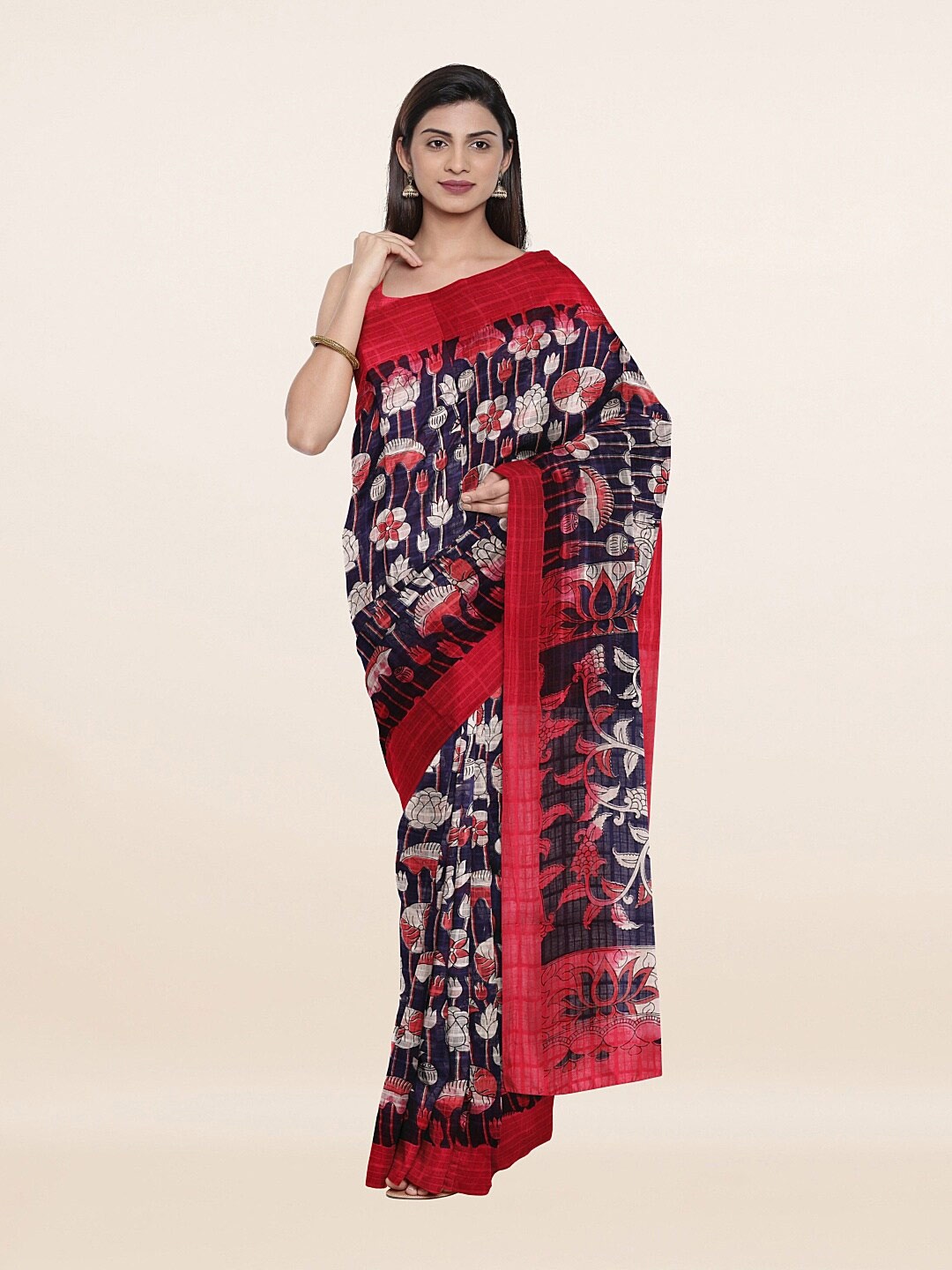 Pothys Blue & Red Ethnic Motifs Printed Pure Cotton Saree