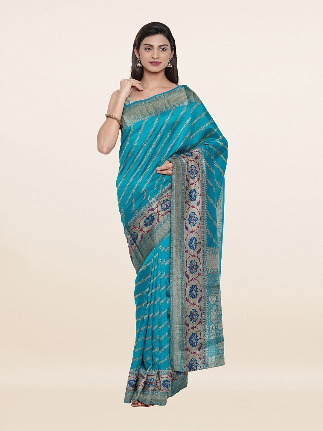 Pothys Blue & Red Floral Art Silk Saree