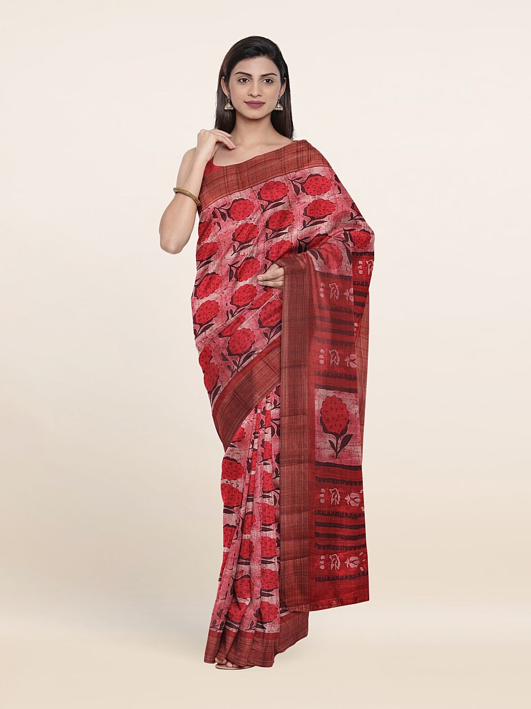 Pothys Pink & Black Floral Art Silk Saree