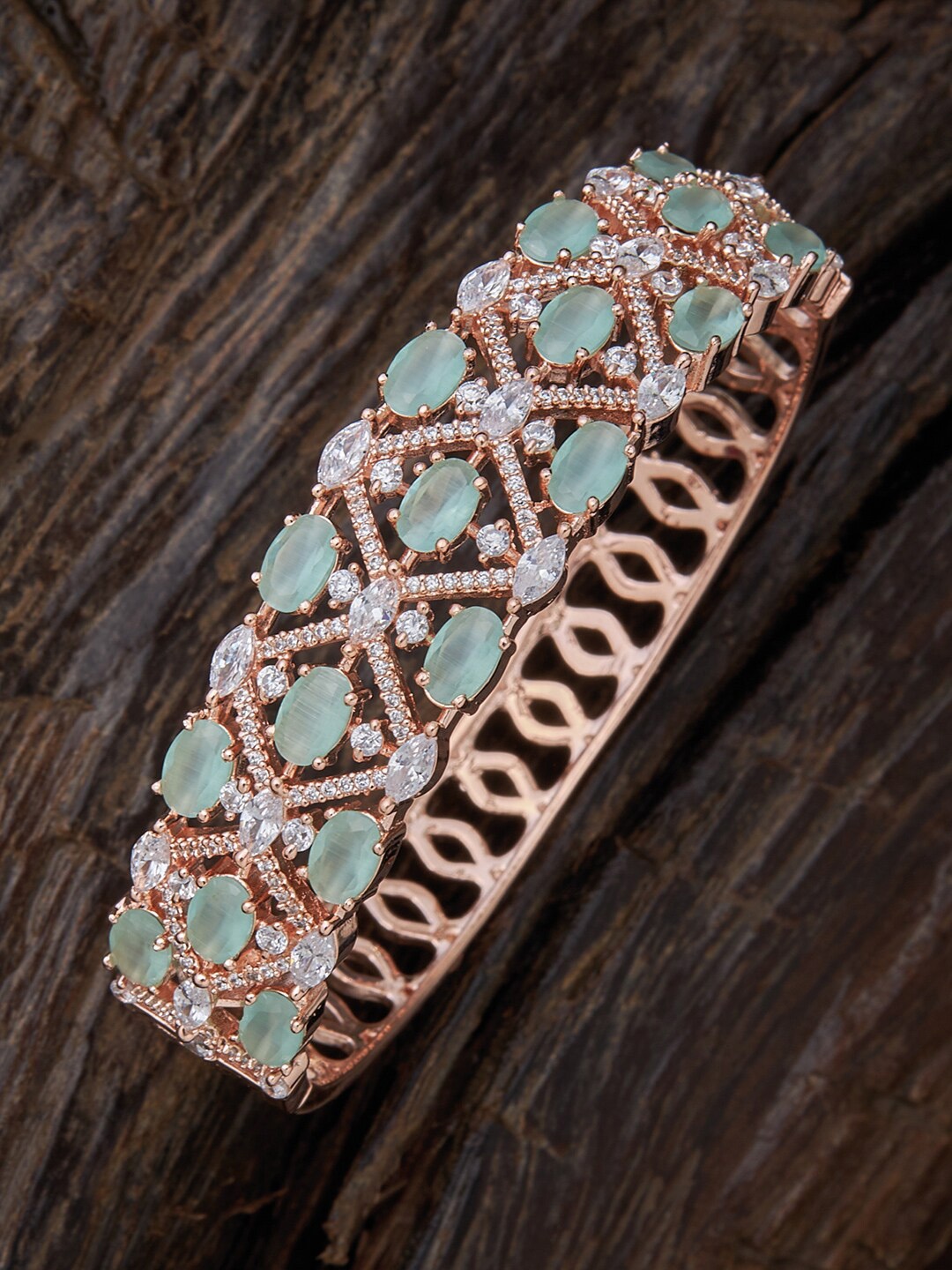 Kushal's Fashion Jewellery Women Rose Gold & Sea Green Cubic Zirconia Rose Gold-Plated Kada Bracelet
Kushal's Fashion Jewellery Women Rose Gold & Sea Green Cubic Zirconia Rose Gold-Plated Kada Bracelet