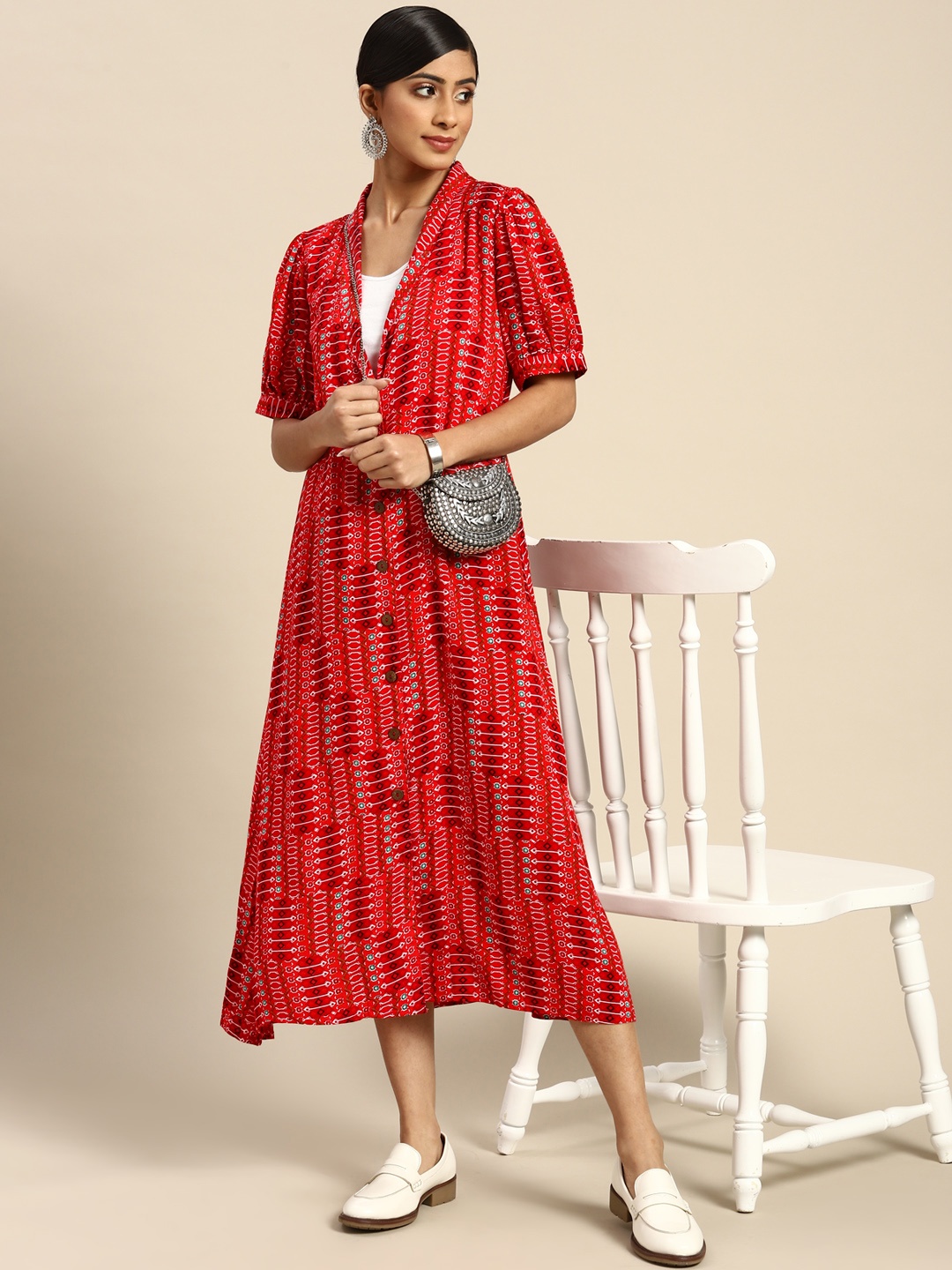 Sangria Red Ethnic Motifs Ethnic Shirt Midi Dress