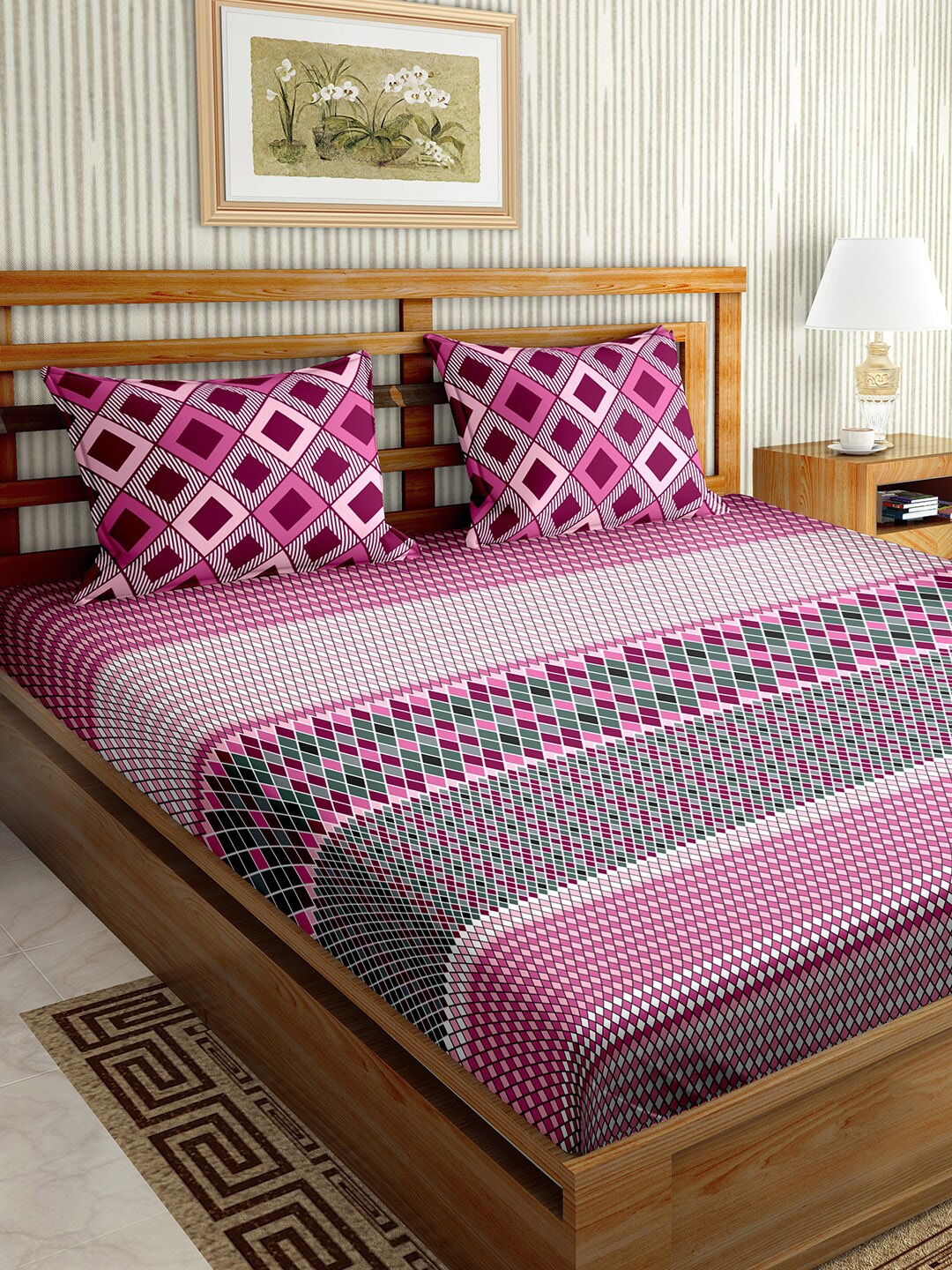 BELLA CASA Pink & Grey Geometric 180 TC King Bedsheet with 2 Pillow Covers