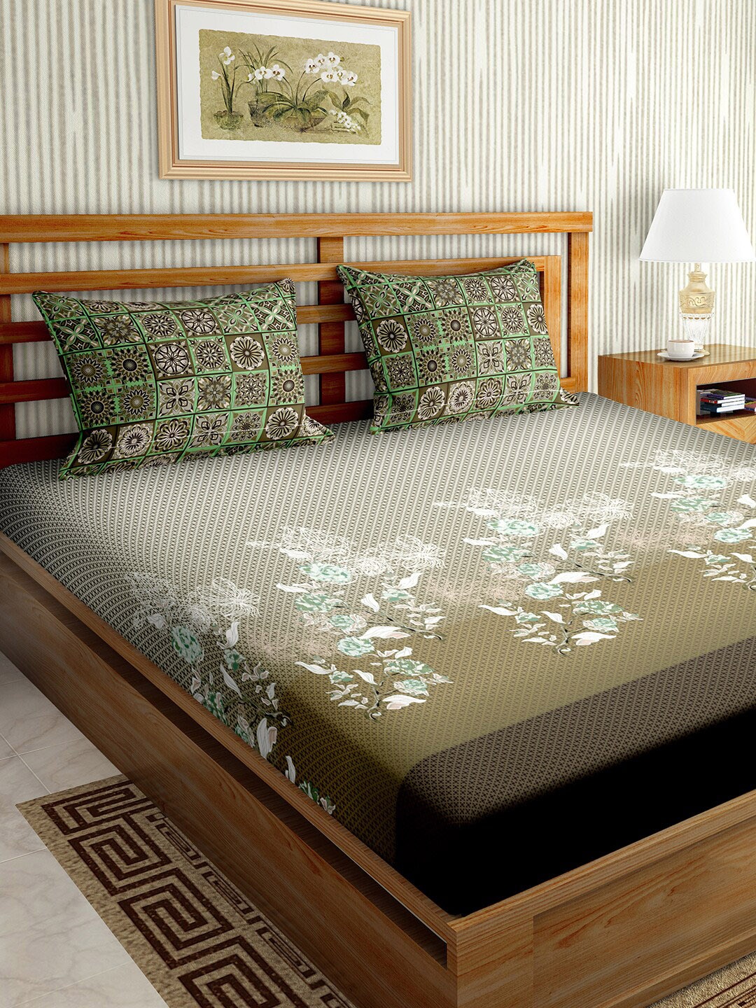 BELLA CASA Green Floral 180 TC King Cotton Bedsheet with 2 Pillow Covers