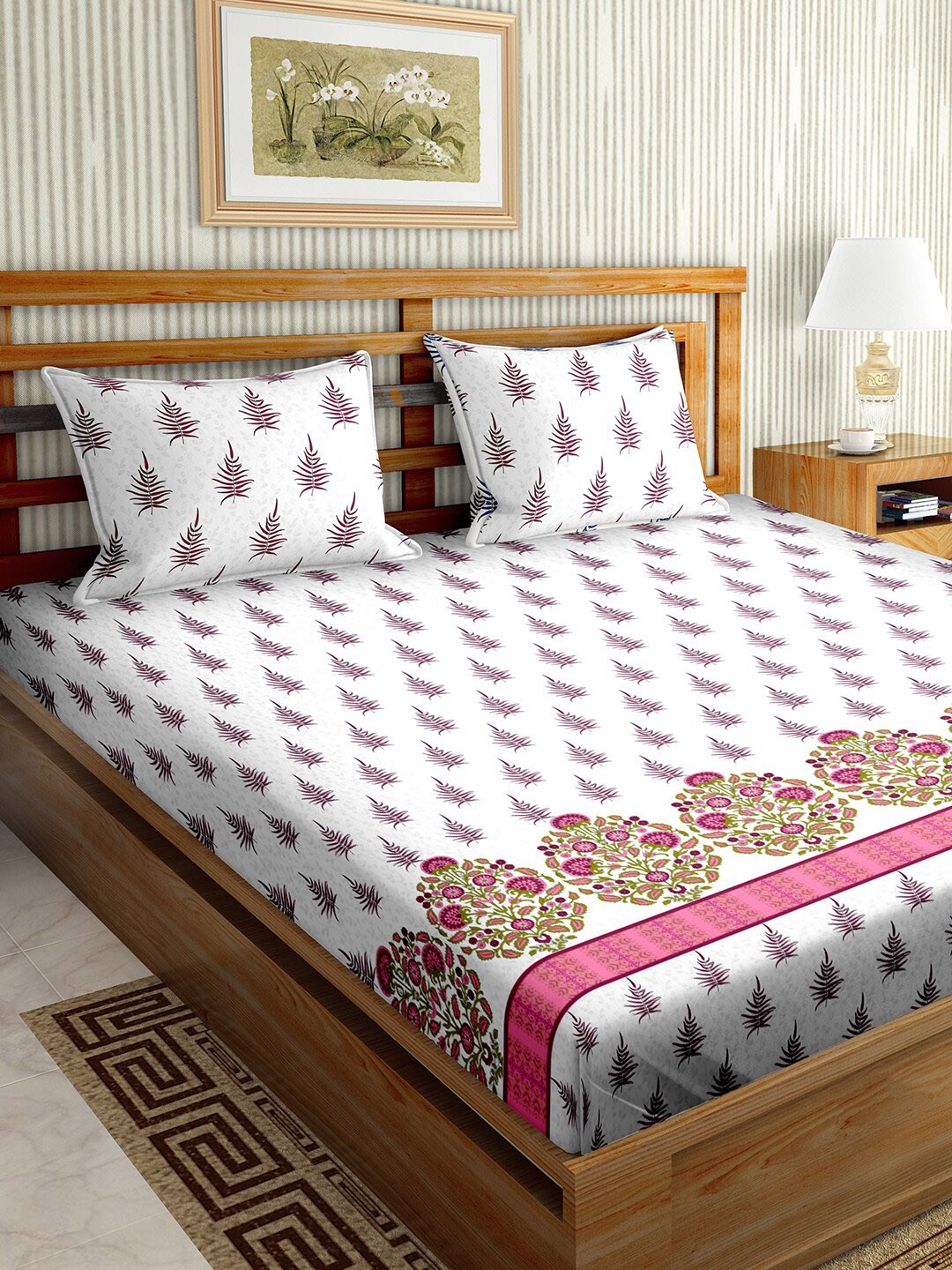 BELLA CASA Pink & White Floral 180 TC King Bedsheet with 2 Pillow Covers