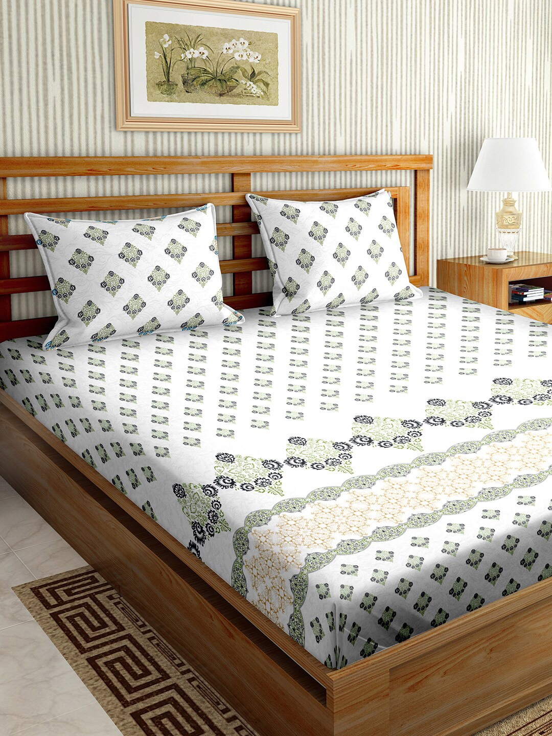 BELLA CASA Green & White Floral 180 TC King Bedsheet with 2 Pillow Covers