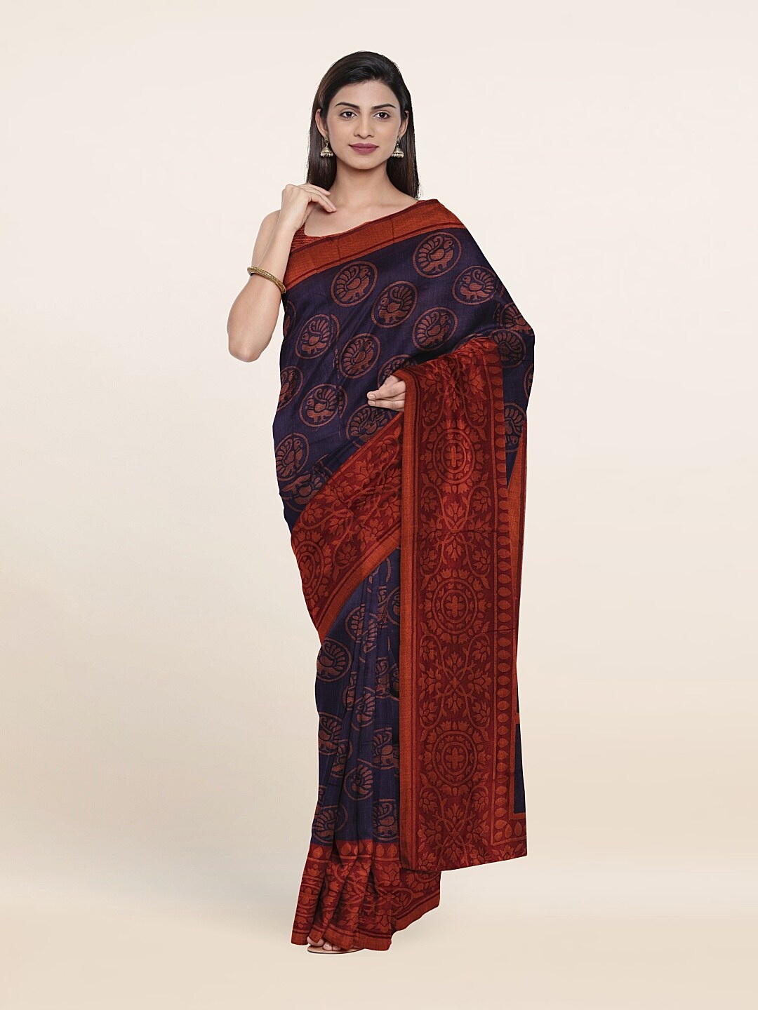 Pothys Blue & Maroon Floral Printed Saree