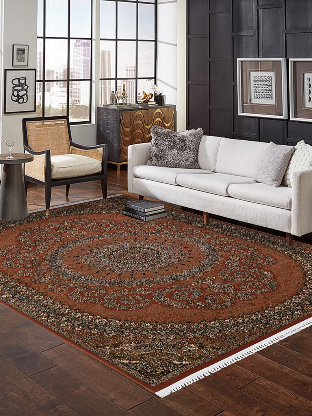 DDecor Orange Ethnic Motifs Printed Carpet
