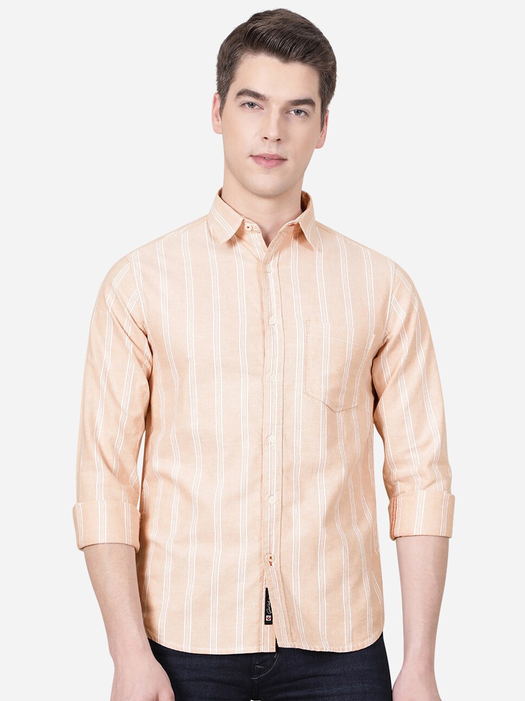 Greenfibre Men Orange Slim Fit Striped Casual Shirt