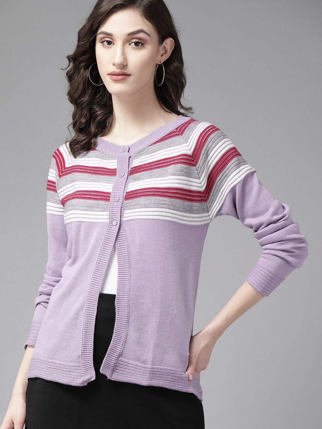 The Roadster Lifestyle Co. Women Lavender & Pink Striped Acrylic Raglan Sleeves Cardigan
The Roadster Lifestyle Co. Women Lavender & Pink Striped Acrylic Raglan Sleeves Cardigan