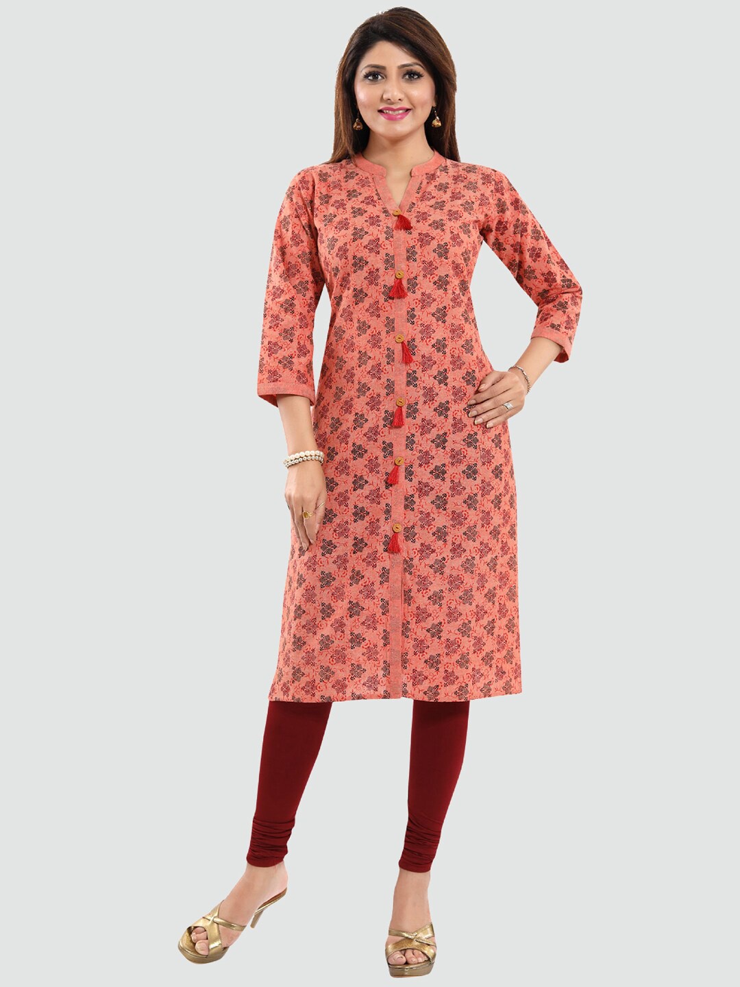 Saree Swarg Peach-Coloured Ethnic Motifs Printed Kurti