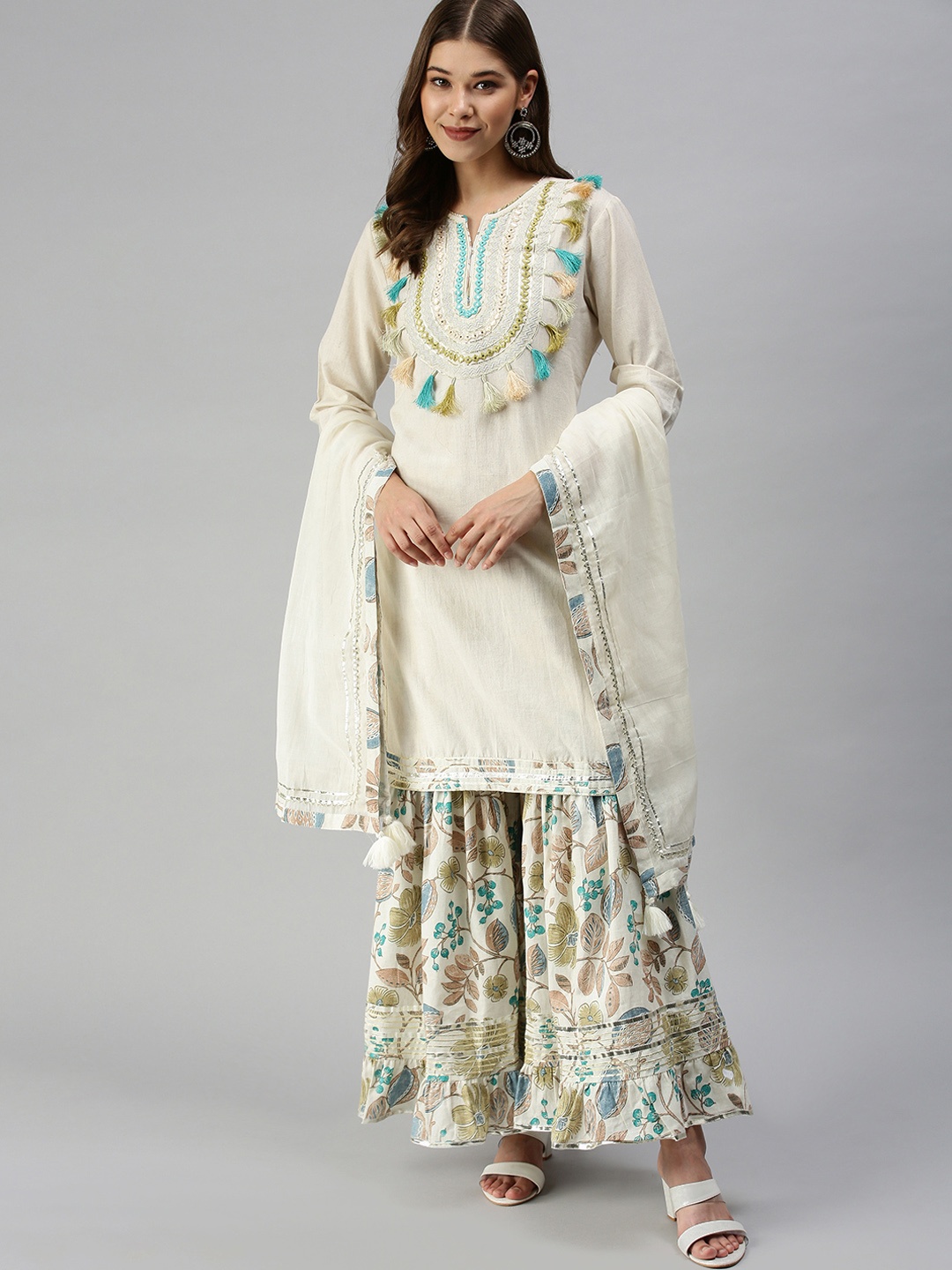 SHOWOFF Women Off White Floral Pleated Thread Work Kurta with Sharara & With Dupatta
SHOWOFF Women Off White Floral Pleated Thread Work Kurta with Sharara & With Dupatta