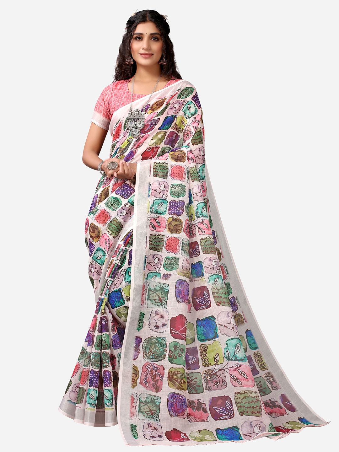 Satrani White & Green Cotton Blend Floral Printed Saree