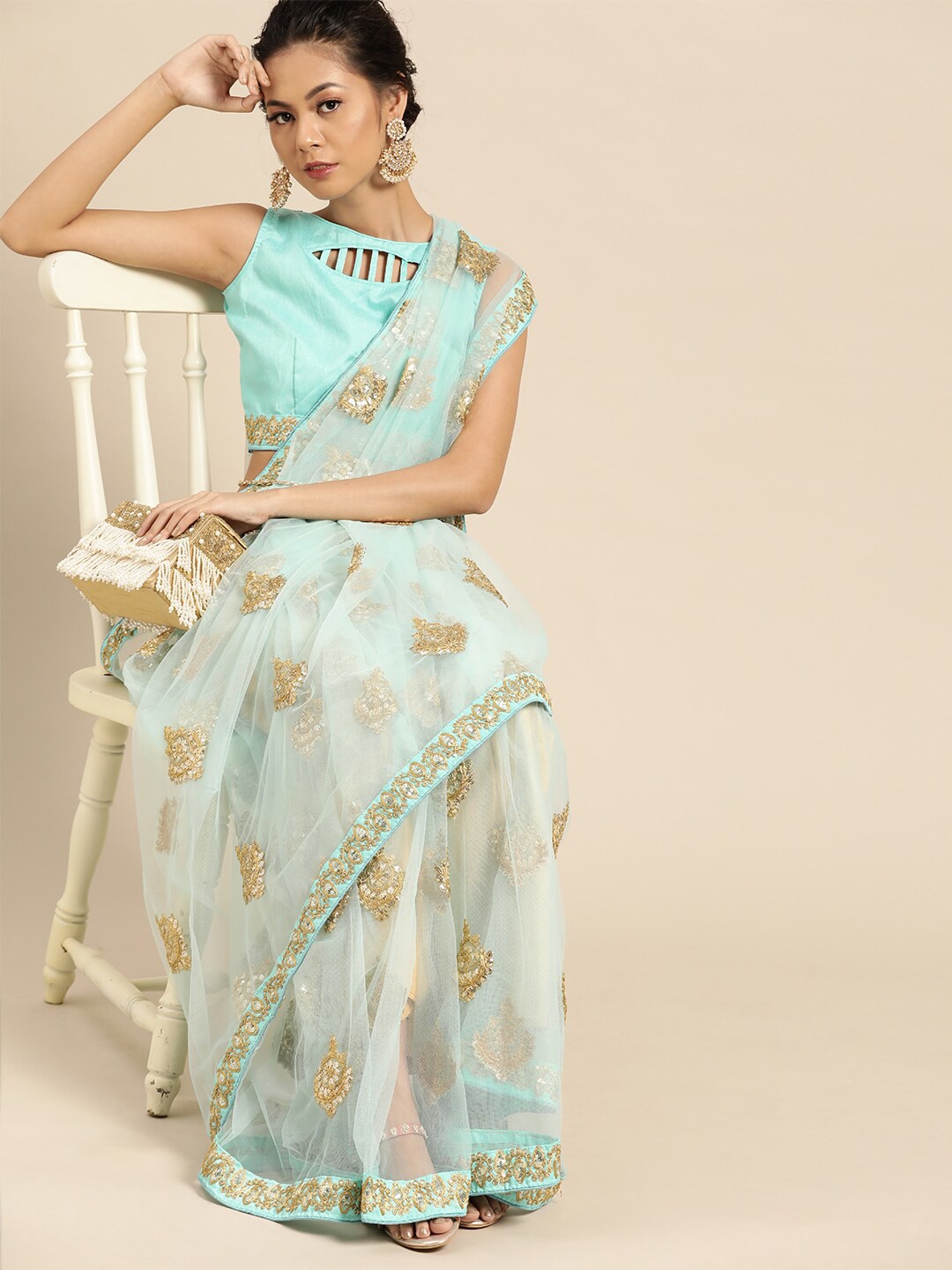 SHAVYA Sea Green & Gold-Toned Floral Sequinned Supernet Saree