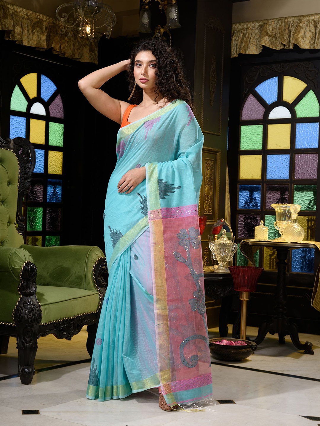 Charukriti Green & Blue Woven Design Saree