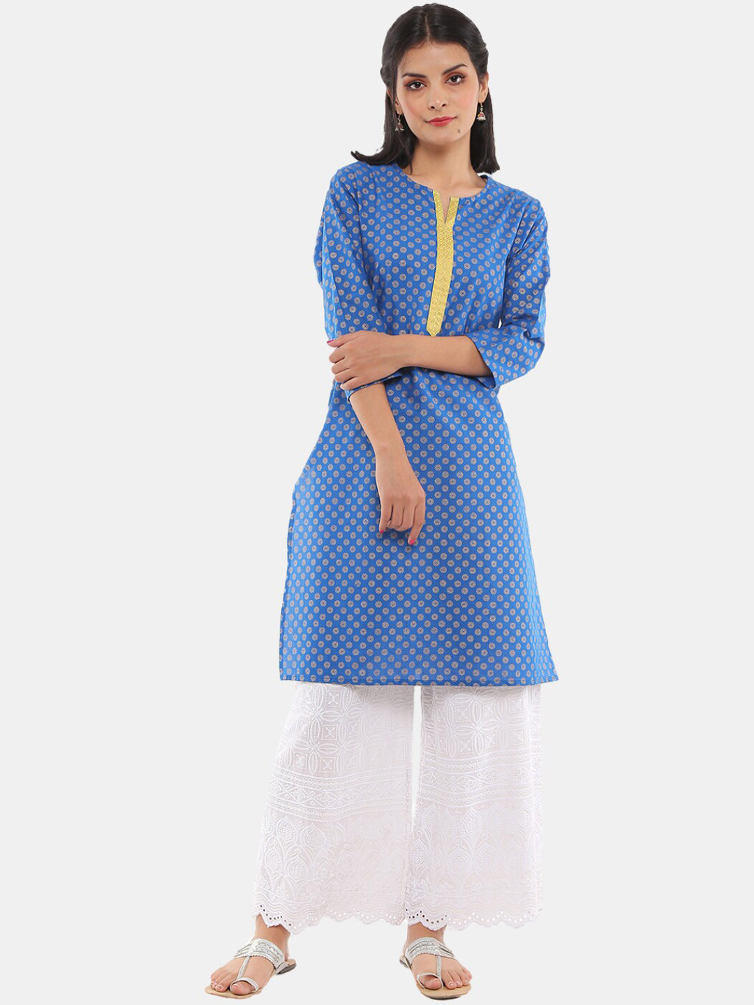 Desi Mix Women Blue Printed Cambric Round Neck Kurta 
Desi Mix Women Blue Printed Cambric Round Neck Kurta