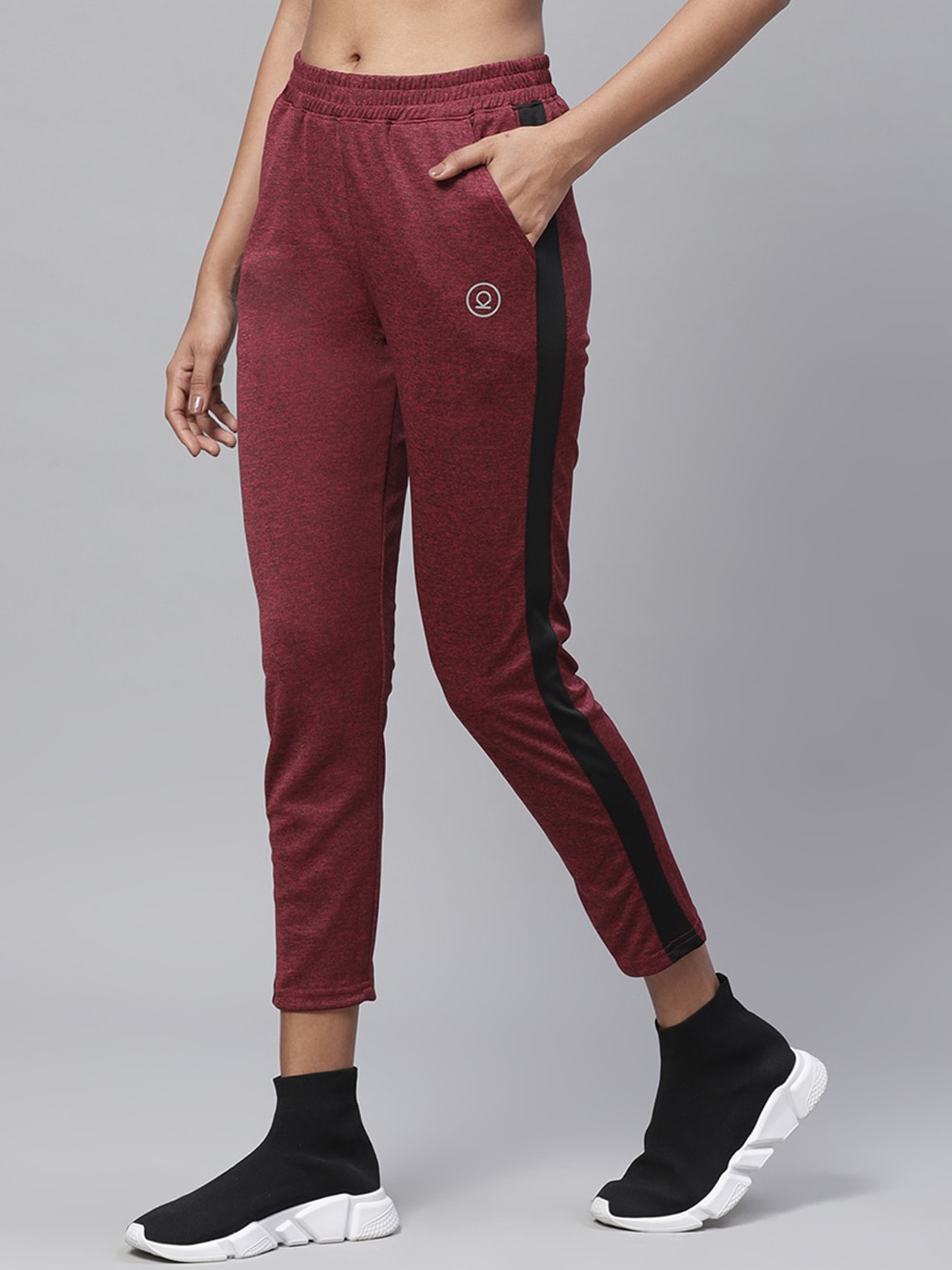 CHKOKKO Women Maroon & Black Solid Track Pants