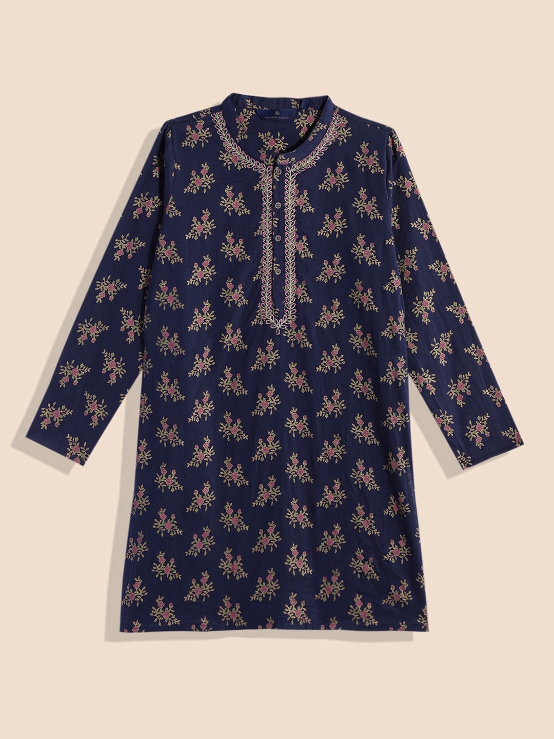 House of Pataudi Boys Floral Foil Print Thread Work & Beaded Rozana Pure Cotton Kurta, Navy blue
House of Pataudi Boys Floral Foil Print Thread Work & Beaded Rozana Pure Cotton Kurta, Navy blue